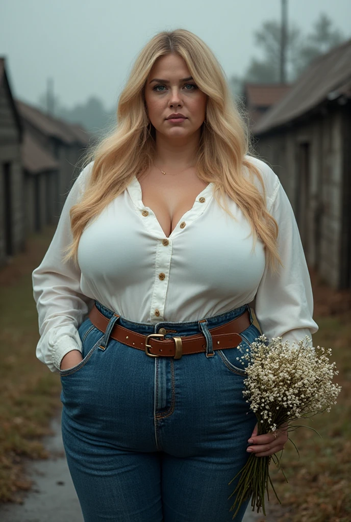 Highest quality picture, Big fat farm girl, long blonde hair, heavy make up, sweating a lot, big lips, , overweight, unbuttoned red flannel shirt, low waisted unbuttoned denim shorts, flashing protruding belly, pregnant, countryside, sitting on a bench