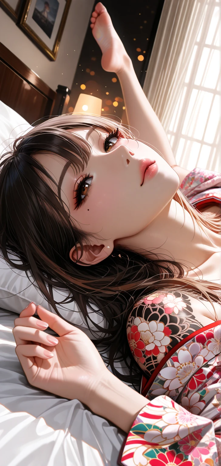(Photorealistic:1.8, Highest quality:1.8,8K masterpiece:1.8,High resolution,Mastepiece:AW Photos,Cinematic lighting)、1  Woman、Prone、Turn around、Top view angle、
(Japanese Kimono、A super mini kimono with a beautiful and cute orchid-style floral pattern:1.5、choker)、 Rope、Thigh rope、(Shoulders :1.3)、 thighs、Beautiful fair skin、barefoot、Black Pink Jenny's pause、Random Pause、
Spread your legs、Thick pubic hair、Plump、 are visible
