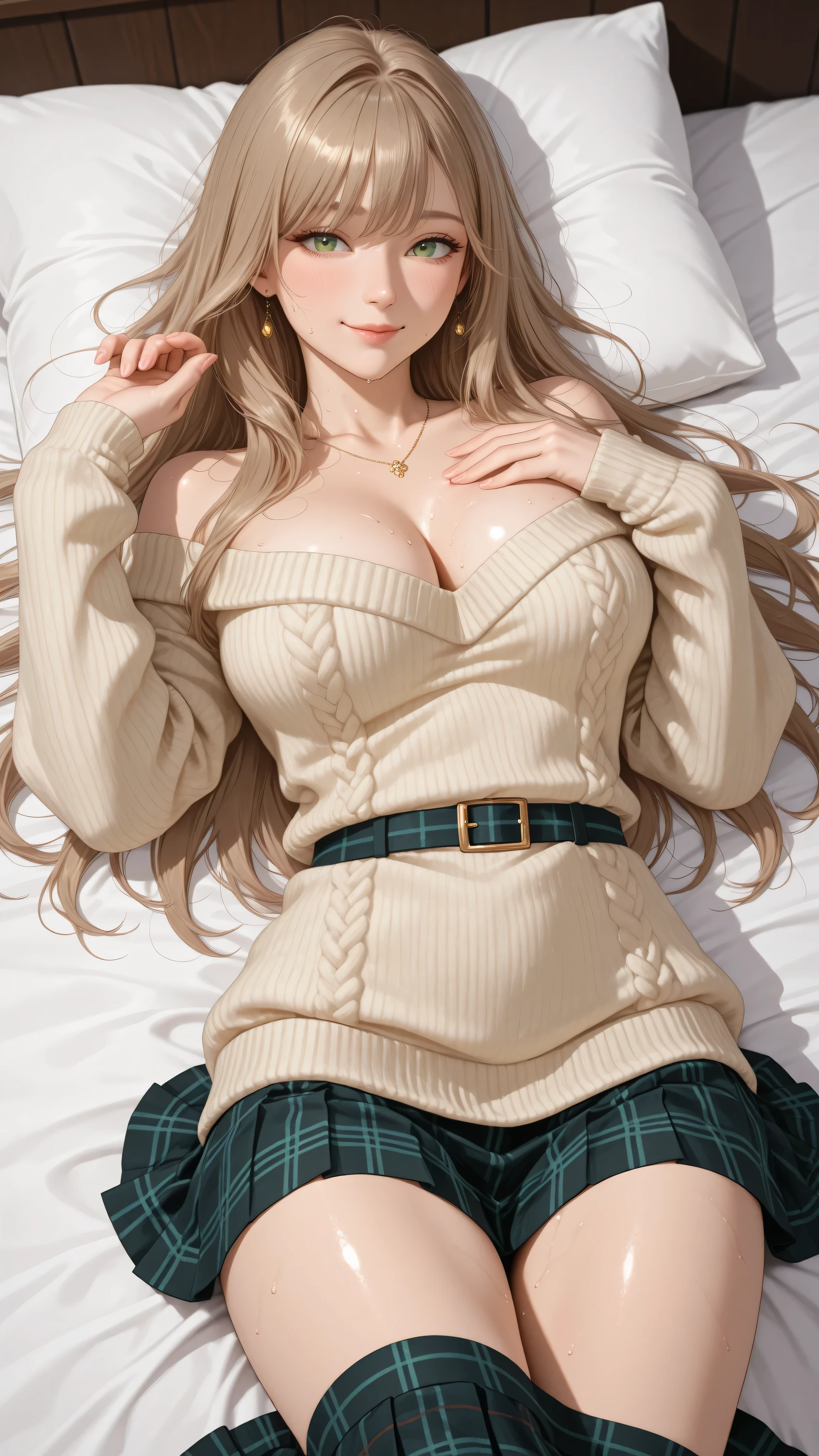 A milf woman with light brown hair and green eyes lying on a bed. She wears a cream-colored, oversized sweater that is partially pulled up to reveal her chest, and a dark green and black plaid skirt. Her expression is playful and inviting, with a slight smile and flushed cheeks.  Sweat droplets are visible on her skin, adding to the sensual atmosphere.  The style is detailed and realistic, with careful attention to shading and texture.