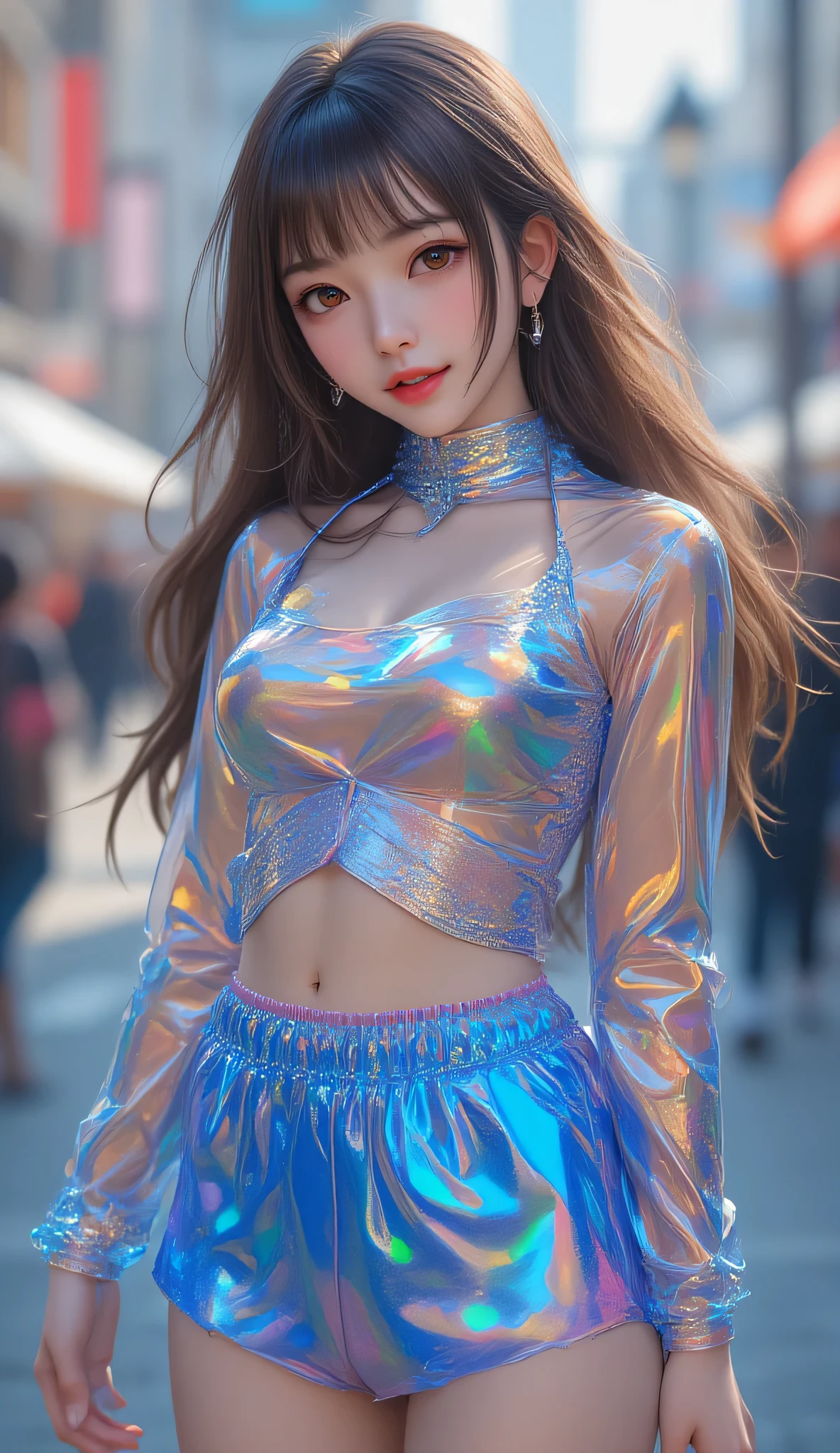 Angelic Very beautiful cute girl,11 yo,
Beautiful detailed eyes, 
Detailed double eyelids,
(Large eyes:1.4),
Long straight brown hair, 
 bangs,
Sharp Focus,small straight nose,
beautiful detailed face and eyes, 
drooping eyes,
(Soft Saturation: 1.3), (Fair skin: 1.2),BREAK  (Super Shiny metallic turquoise Tight  :1.3),
( Super shiny white  holographic  fashionable long sleeves tops:1.4) , (Super shiny pantyhose:1.3) ,(costume with strong reflective surfaces:1.5), (smile:1.5),Walking,
Costume lighting,
In the street ,
(Brown hair:1.3)