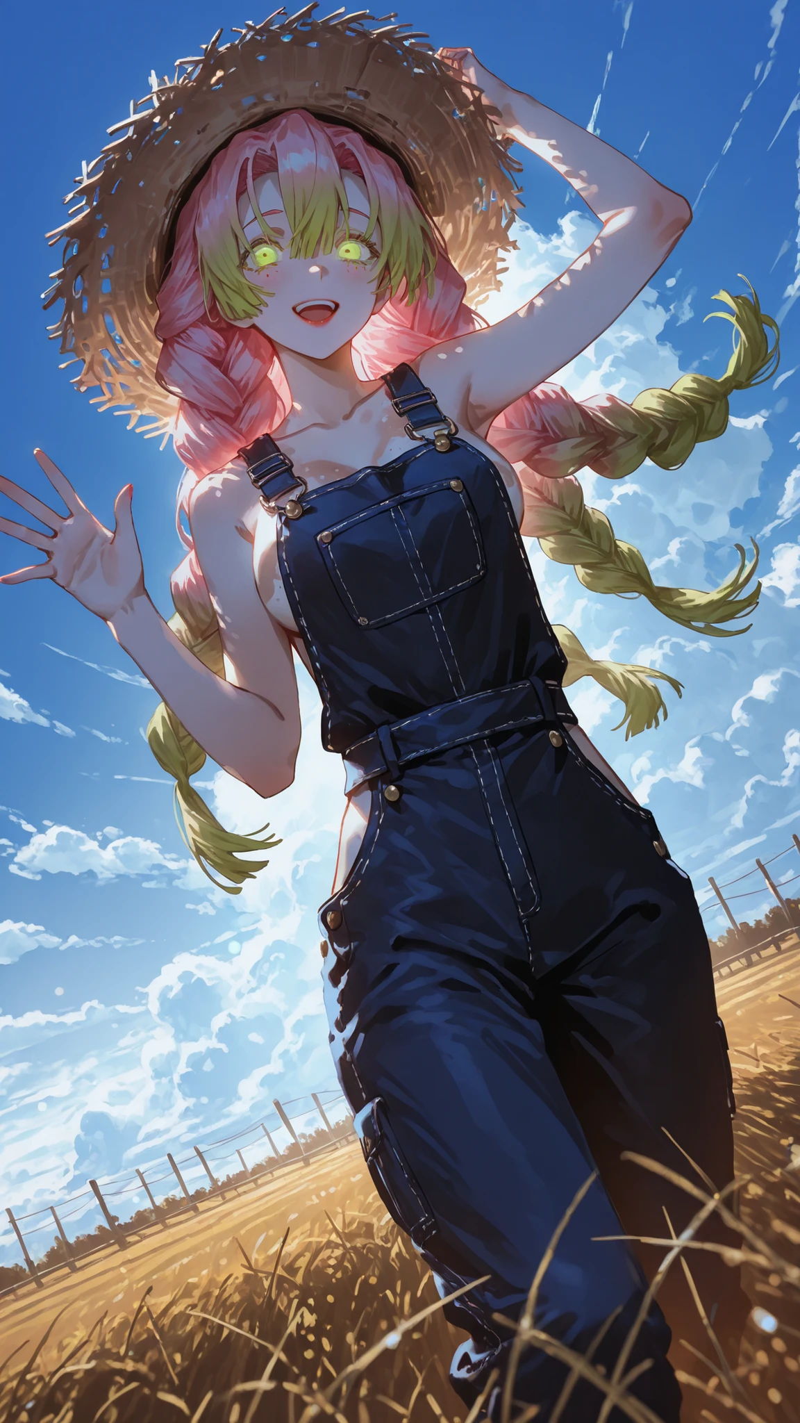 1girl, u u zan, Masterpiece, amazing quality, 8k, ultra detailed, refined details, chill, high resolution, HD, masterwork, digital illustration, 7481llu, LDSCH, dynamic pose, glowing eyes,, dynamic angle, crisp outlines, vibrant colors, soft shading, bright lighting, ultra-detailed, high contrast, backlighting, bokeh, volumetric lighting, lipstick, blurry, depth of field, absurdres, best quality, newest, very aesthetic, Kanroji mitsuri, farmer's tan, happy,) naked overalls, farm, straw hat, waving, dynamic angle, day, white clouds