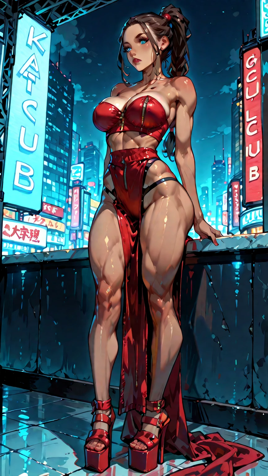 (best quality, 8k, highres, photorealistic:2.0), (solo, one girl:2.0),(lighting:front),(lighting: strong),(Russian Beauty:2.0),(very muscular girl:2.0),(bodybuilder girl:1.5),(shiny skin:1.5),(oily skin:1.5),(platinum blonde hair:1.5),(Squat down with both knees up and spread your :1.5),(raise both arms behind your head:1.5),(high heels:1.5),( girl),(cyberpunk location:1.9),(amazing orgasm),(((one-piece high-leg red swimsuit))),