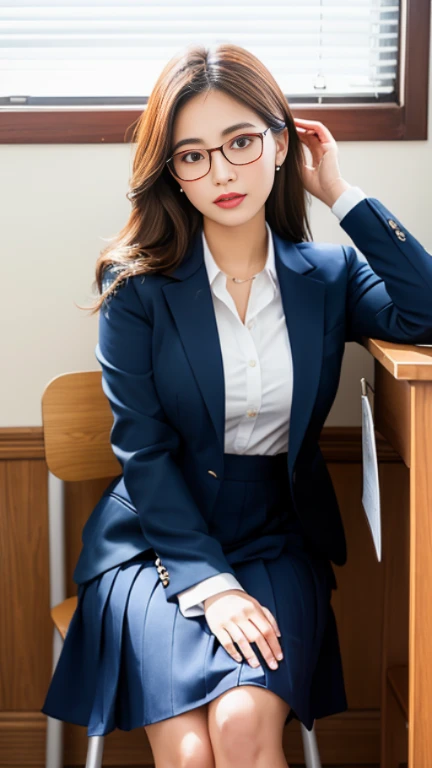 This character is a finely detailed artistic creation with a blend of anime and realism. She possesses vividly large, azure blue eyes that convey a sense of keen observation and intellect. Her hair, a soft chestnut hue, is styled into a high, elegant ponytail with a voluminous swoop, and delicate strands lightly caress her face. Her skin is porcelain-like in its smoothness, and her  features are rendered with a gentle realismâher lips are of a subtle pink, modest in fullness, and her nose is small and well-defined. She is attired in professional attire that suggests a blend of formality and style. A crisp, white button-up shirt is meticulously tucked into her high-waisted garment, the fabric hinting at the contours of her frame without compromising professionalism. The shirt is complemented by a structured navy blue blazer that reinforces her authoritative presence. A slim beige belt cinches at her waist, adding a touch of sophistication to her ensemble. The character's backdrop is an expansive window, through which one can glimpse a sprawling urban skyline, denoting a scene set high above the bustling city streets, possibly within a sleek corporate office. The ambient light bathes the scene in a warm, natural glow, suggesting either early morning or late afternoon, casting soft shadows and highlighting the meticulous details of her attire and the serene urban landscape beyond.