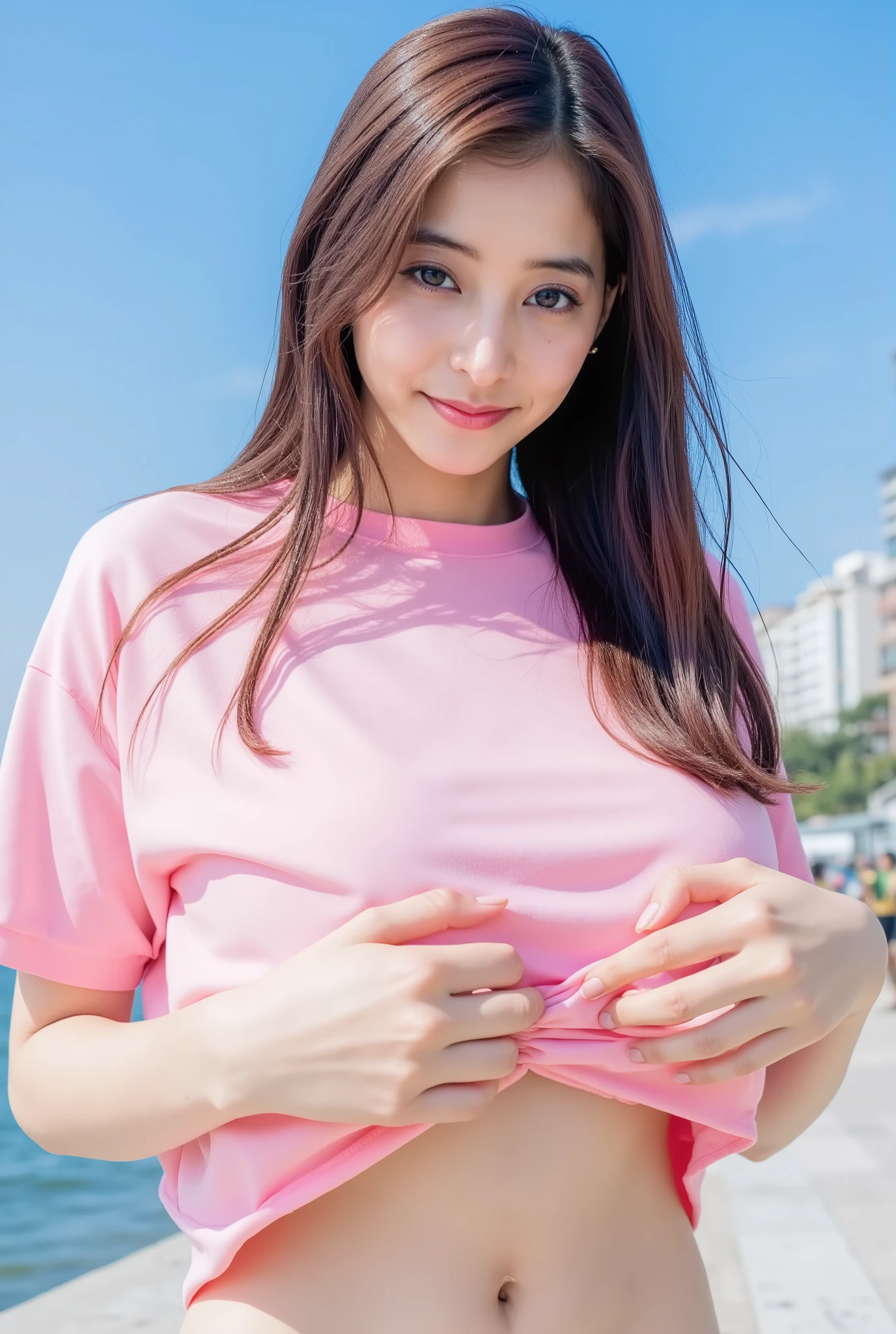 masterpiece, Realistic, Original photo,  20-year-old Japanese girl,  so cute, beautiful girl with a smirking face,big boobs, Perfectly Shaped Beautiful Ass, single focus, micro bikini,  beach,   Resort, Blue Sky,   Clear skin wearing a pink baggy T-shirt, large breasts, (((extremely slim waist))),(((topless in Taipei)))