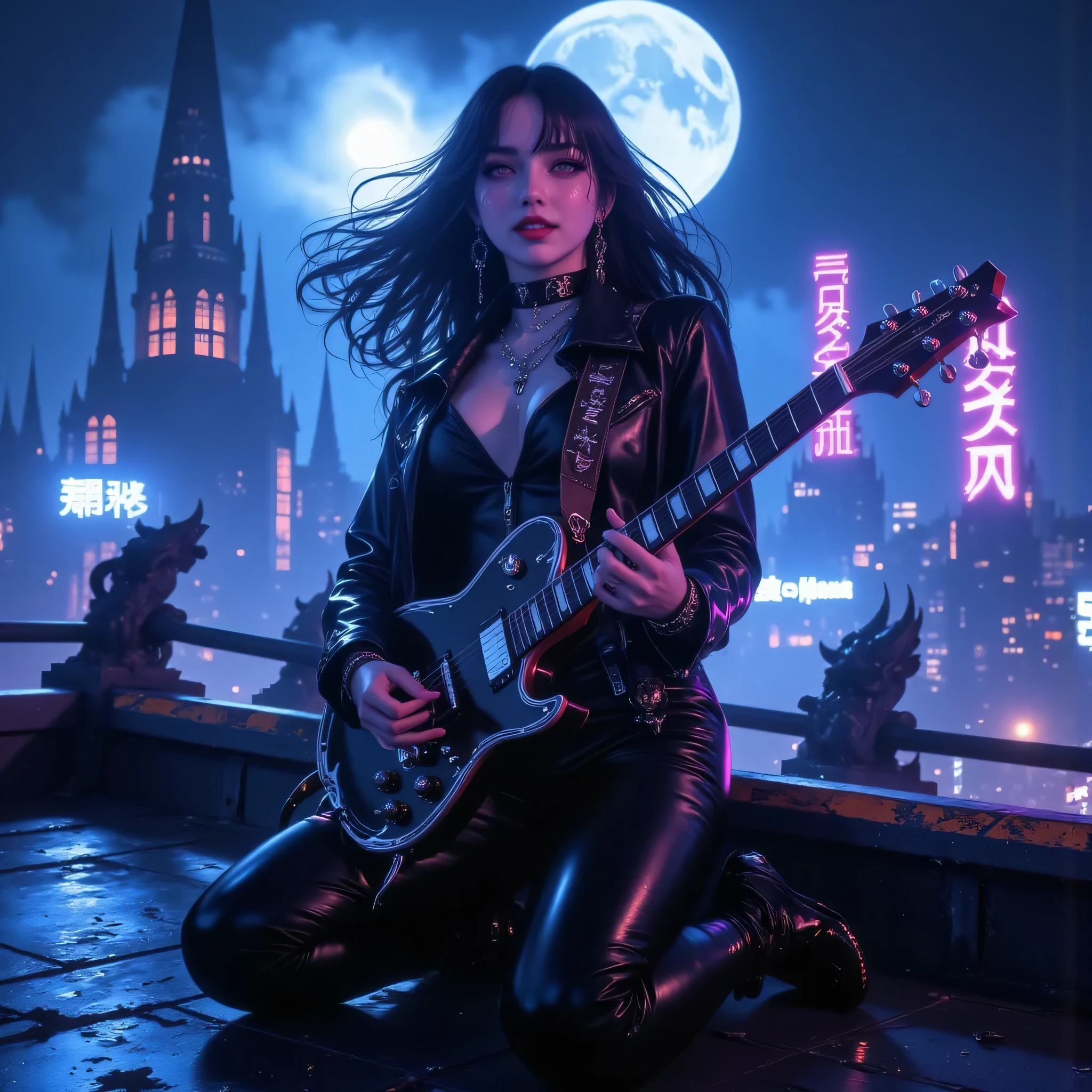 Beautiful woman guitarist on a gothic rooftop at night, half-body portrait, realistic photo, wearing stylish black leather jacket and pants, moonlight reflecting on her outfit, holding an electric guitar with silver details, sensual pose with a captivating smile, mesmerizing eyes, wind in her hair, gothic cityscape background with gargoyles and neon lights, mist swirling around, cinematic lighting with blue and purple tones, high contrast realism, perfectly detailed textures, professional photography look, 85mm lens portrait effect, ultra-realistic focus, 8K quality, magazine cover composition, artistic elegance, detailed face and expression, hyperrealistic masterpiece.
Negative Prompt:
distorted body, blur, text, watermark, logo, multiple faces, unrealistic proportions, bad hands, plastic skin, CGI look, 3D render, cartoon, low detail, flat lighting, overexposed, missing limbs.