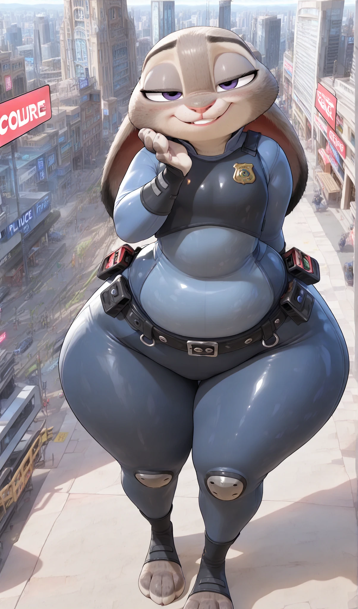 score_9, score_8_up, score_7_up, 1girl, solo, Judy Hopps from Zootopia, Police Uniforms, ( plump:1.6),thick thighs,blushing,(wide hips:1.4),thick arms,hand behind your back,Light Blue Inner,an object in the shape of dark blue pants,black belt,(long legs:1.1),(Wide body:1.5),costume so tight that it seems like it's going to break,(Naughty Smile:1.1),from above,blushing,Big Purple Eyes,City,throw kiss