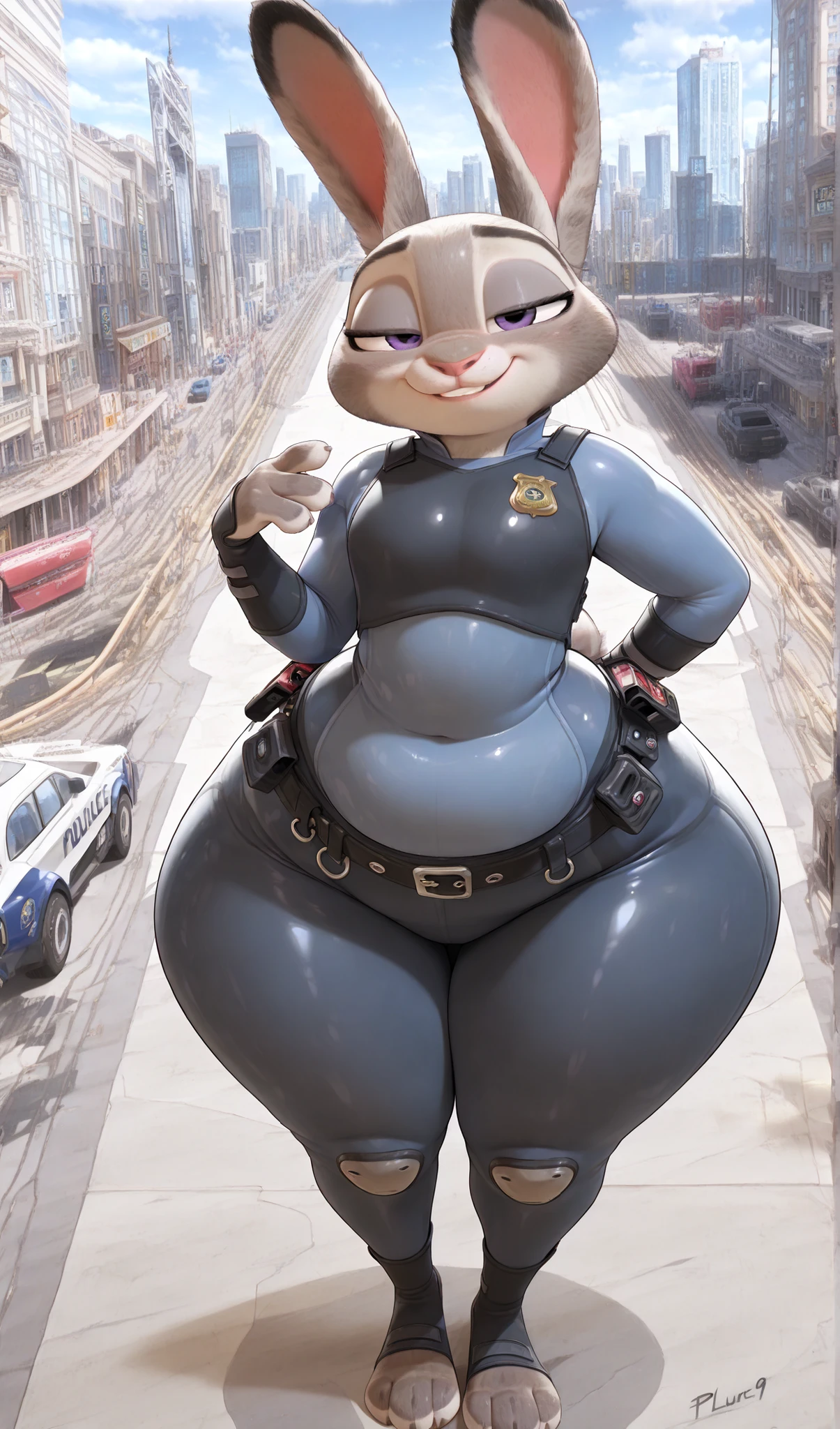 score_9, score_8_up, score_7_up, 1girl, solo, Judy Hopps from Zootopia, Police Uniforms, ( plump:1.6),thick thighs,blushing,(wide hips:1.4),thick arms,hand behind your back,Light Blue Inner,an object in the shape of dark blue pants,black belt,(long legs:1.1),(Wide body:1.5),costume so tight that it seems like it's going to break,from above,(sexy smile:1.4),Big Purple Eyes,City,blushing