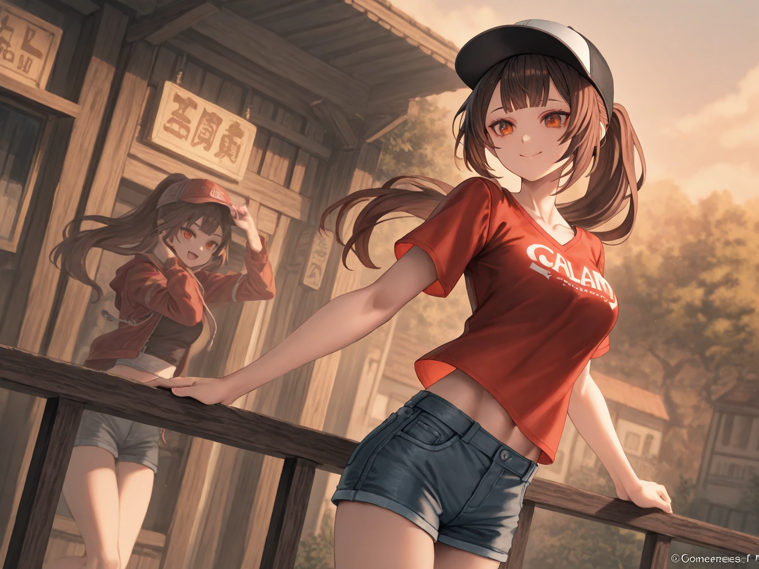 masterpiece, 1girl, huge and heavy breasts, wide hips, backpack, female focus, mushroom, solo, grass, sneakers, eye-level, a cartoon-like illustration of a girl skateboarding on a blue skateboard with orange wheels. The girl is wearing a purple undersized overboob crop-top, , black socks, and a backpack on his back. She has tattoos on her arms and chest. The background is a vibrant blue sky with white bubbles floating in the air. To the left and right of the girl are two large mushrooms that are orange in color. The mushrooms are floating in a field of wildflowers, adding a pop of color to the scene. Fashion photography, best quality, award winning photograph, depth of field, sharp focus, vibrant colors, realistic lighting, detailed shadows
