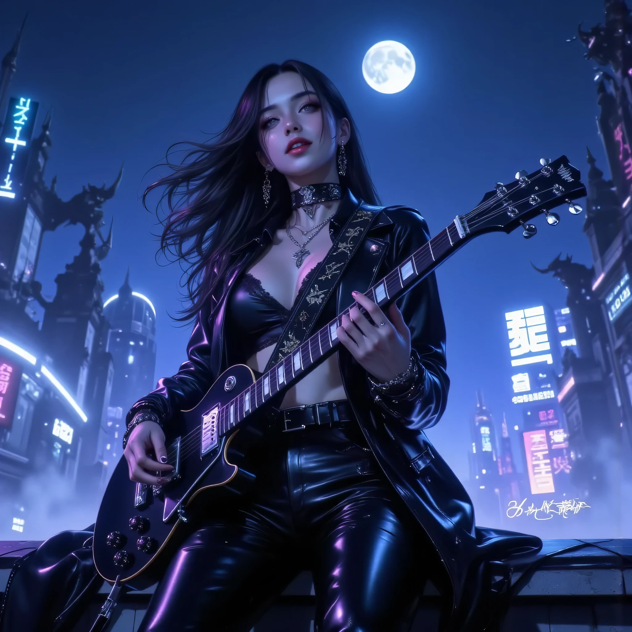 Beautiful woman guitarist on a gothic rooftop at night, half-body portrait, realistic photo, wearing stylish black leather jacket and pants, moonlight reflecting on her outfit, holding an electric guitar with silver details, sensual pose with a captivating smile, mesmerizing eyes, wind in her hair, gothic cityscape background with gargoyles and neon lights, mist swirling around, cinematic lighting with blue and purple tones, high contrast realism, perfectly detailed textures, professional photography look, 85mm lens portrait effect, ultra-realistic focus, 8K quality, magazine cover composition, artistic elegance, detailed face and expression, hyperrealistic masterpiece.
Negative Prompt:
distorted body, blur, text, watermark, logo, multiple faces, unrealistic proportions, bad hands, plastic skin, CGI look, 3D render, cartoon, low detail, flat lighting, overexposed, missing limbs.