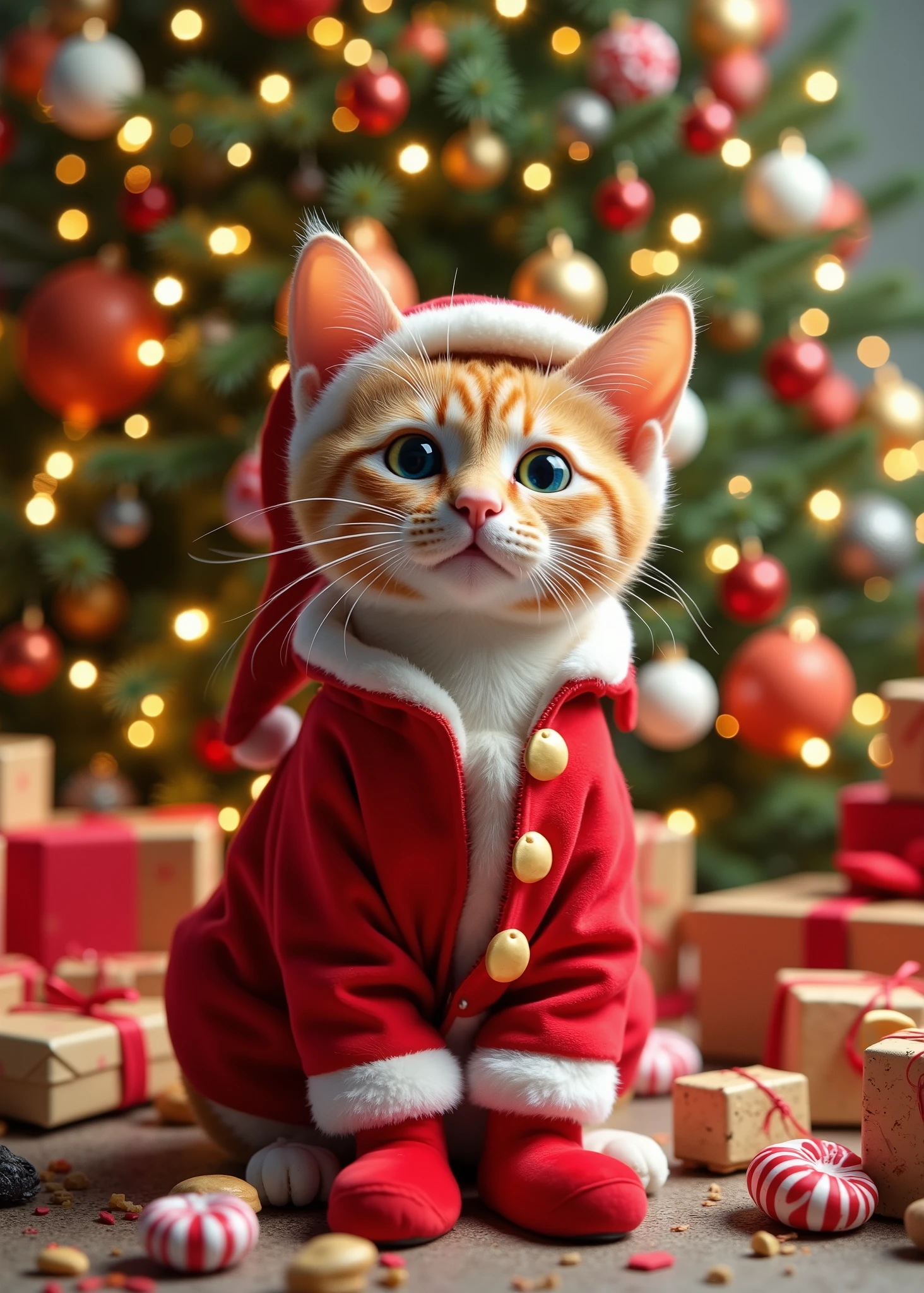white Japanese slim cat in Christmas costume wearing Santa boots、Adult cat、big eyes、View Here、Full Body、サンタのブーツを穿いている、Christmas tree、sweets、Christmas Present