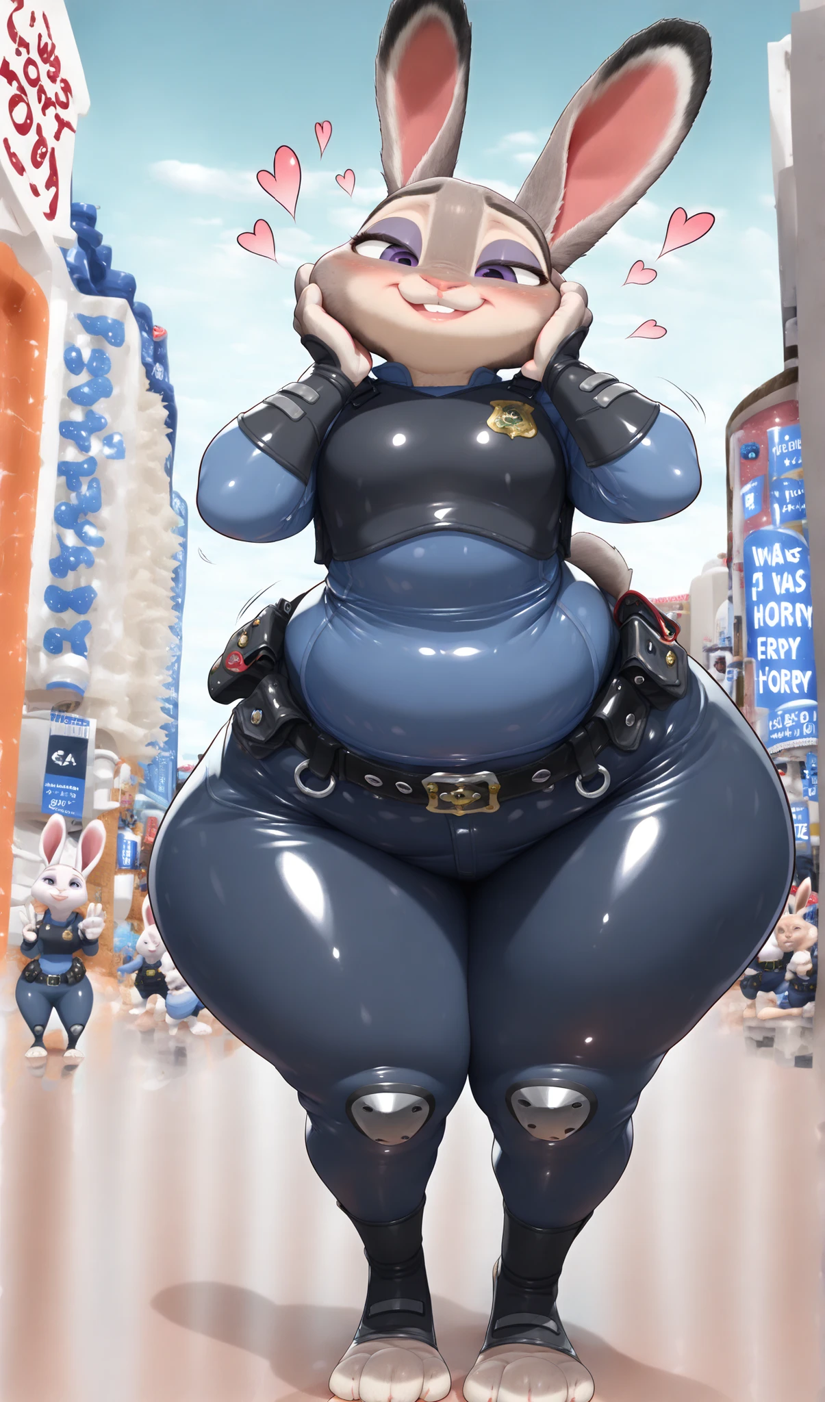 score_9, score_8_up, score_7_up, 1girl, solo, Judy Hopps from Zootopia, Police Uniforms, ( plump:1.6),thick thighs,(wide hips:1.4),thick arms,light blue inner shirt,dark blue denim pants,black belt,(long legs:1.2),(Wide body:1.5),Precise and detailed,flaky costume,(Rabbits' ears droop:1.3),blushing,purple eyeshadow makeup,(I was horny:1.4),Touching the cheek,Big Purple Eyes,(Naughty Smile:1.1),heart symbol,City