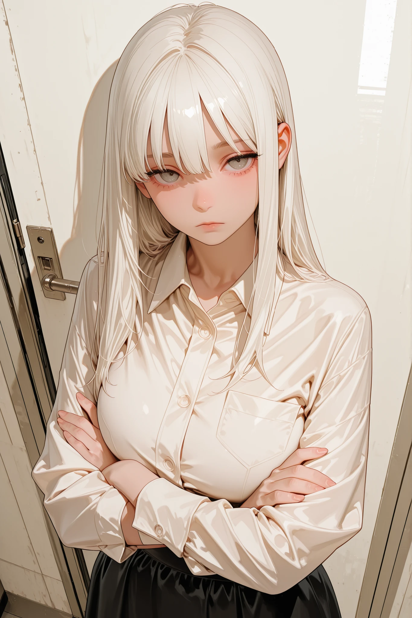 Huge picture quality, viewer-viewing, ultra HD, super cute, cute look, teenage girl look, white straight hair, expressionless, black H skirt, bright white dress shirt, expressionless, high angle, big chest, arms crossed, office background at work