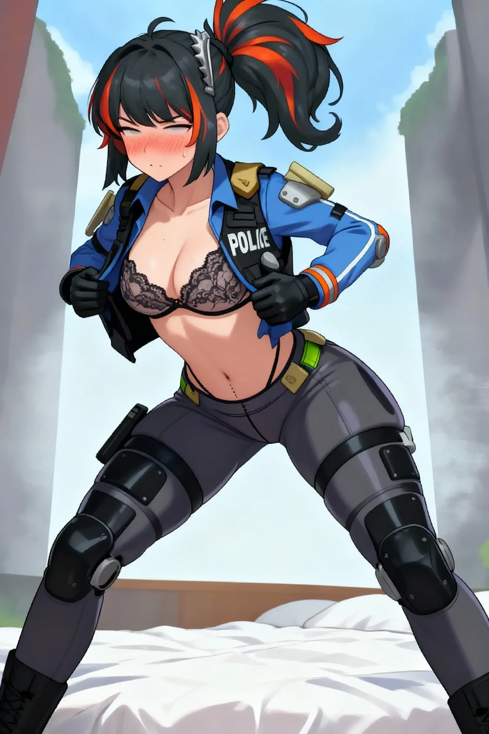 pornstar's massive  out of  vest out  and wet pants , gloved hands hidden behind head, blindfold
