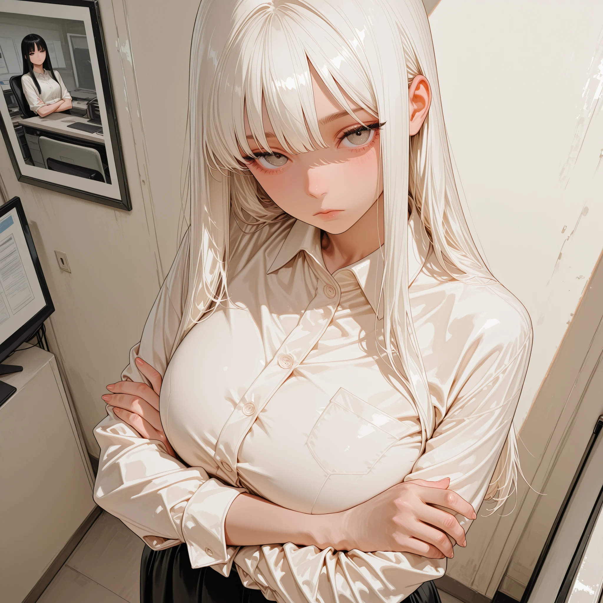 Huge picture quality, viewer-viewing, ultra HD, super cute, cute look, teenage girl look, white straight hair, expressionless, black H skirt, bright white dress shirt, expressionless, high angle, big chest, arms crossed, office background at work