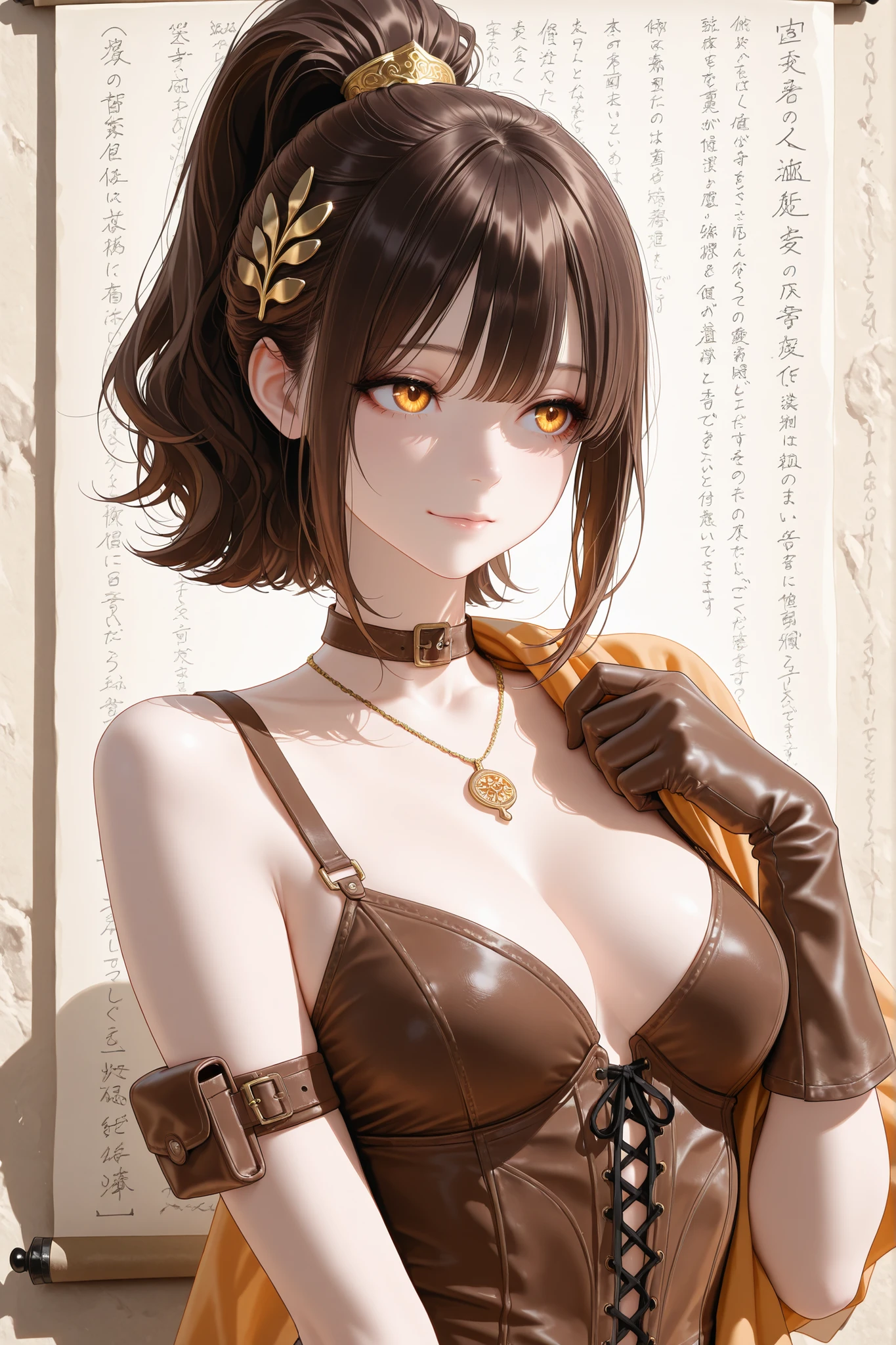 A stunning anime-style illustration of a young woman with long, flowing dark brown hair tied in a high ponytail, adorned with a golden hair ornament. She has captivating amber eyes and a thoughtful expression. She wears rustic, earthy-toned attire, including a brown bustier, an outer garment draped over one shoulder, and intricate leather gloves and armbands. A unique necklace hangs around her neck, adding to her adventurous look. The background is a soft, textured beige, reminiscent of an ancient wall or scroll. No text, words, or symbols are present.