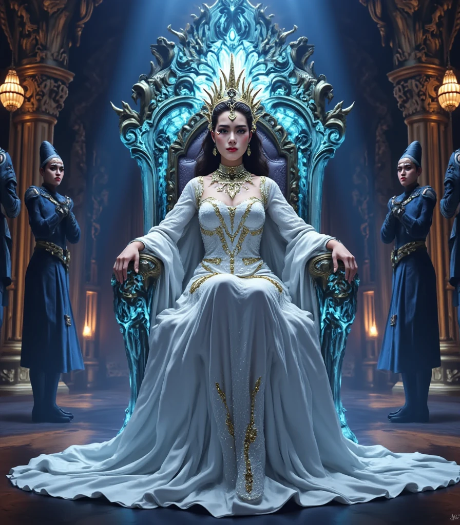 a Full body photo of a beautiful queen with black hair sitting a blue throne, 8k intricate, elegant, highly detailed, majestic, digital photography, art by Artgerm and Ruan Jia and Greg Rutkowski Surreal painting of filigree blue butterfly, broken glass (masterpiece, side lighting, beautiful finely detailed eyes: 1.2 ), hdr
