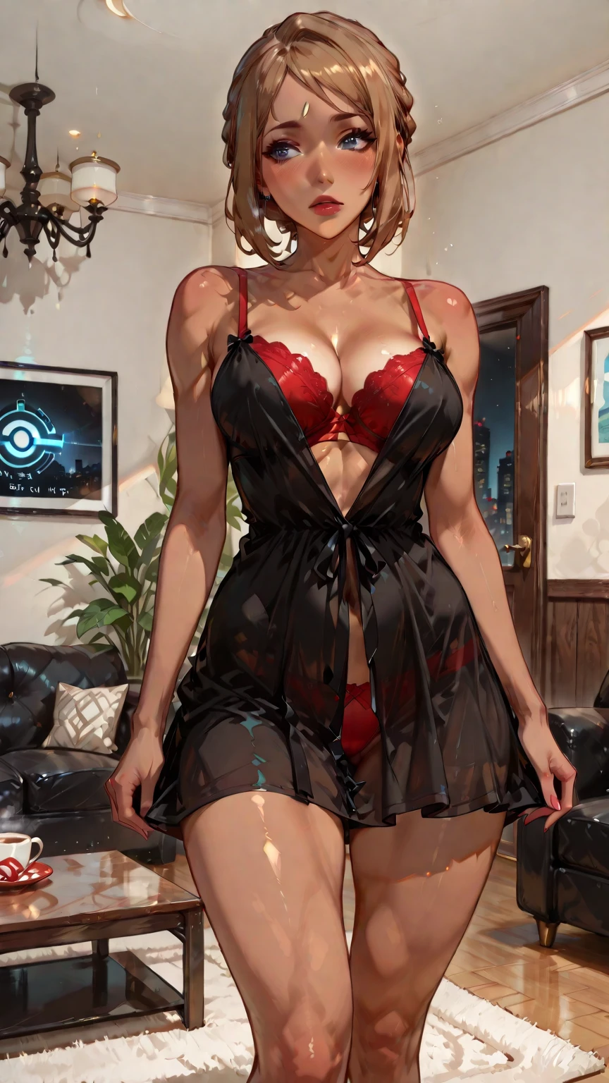 The character stands

confidently, wearing a revealing,

form-fitting red dress with a mesh

pattern. The dress features a deep V

neckline and is designed to highlight

her curves, with high splits on both

sides to showcase her legs. She

wears matching red high-heeled

sandals. Her long, black hair cascades

loosely around her shoulders. She

strikes a confident and sultry pose,

with her right arm bent and her hand

resting on the back of her head,

while her left hand rests near her

chin. Her  expression is one of

allure and focus, with a gaze directed

towards the viewer. The background

features dark and red elements,

suggesting a modern or industrial

environment.