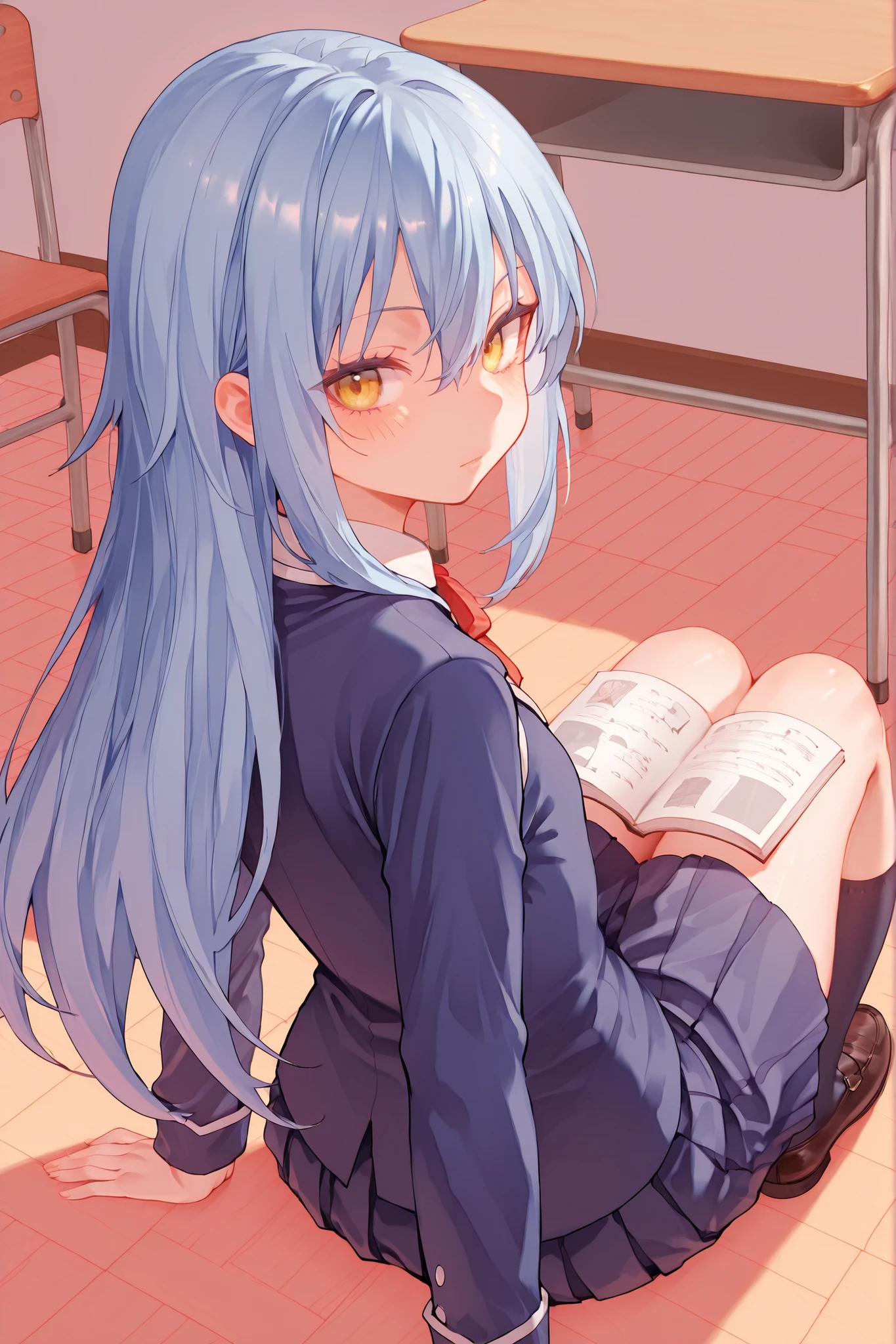全身，lie on floor，俯瞰，classroom，,里穆鲁 Tempest（rimuru_tempest, blue hair, yellow eyes, long hair, bangs, hair between eyes, androgynous,），泳装，湿润的皮肤，出汗，  条纹比基尼,躺在地上，美丽的女孩,可爱的,微笑,未来场景 ， 中等大小的胸部 ，湿润的皮肤，赤脚，出汗，微笑，躺在地上，地上有衣服，腮红，害羞的，微微张开嘴 ，洗脑表情， 筋疲力尽 ，看着对方