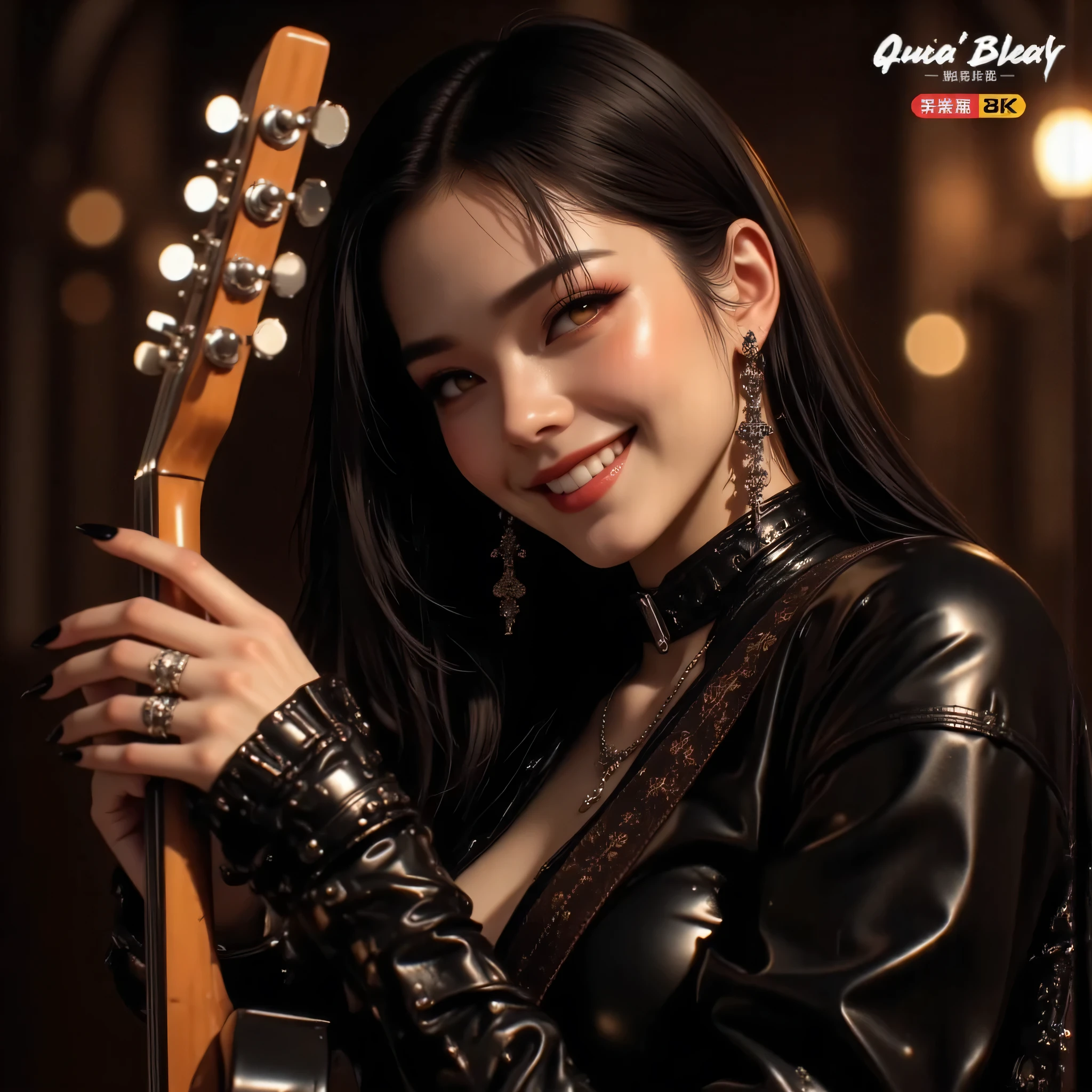 Close-up portrait of a gorgeous woman with leather outfit holding a guitar, gothic atmosphere, photorealistic lighting, stunning smile, deep expressive eyes with reflections, smooth skin with realistic texture, detailed hair strands, soft shadows, shallow depth of field, dark cathedral background softly blurred, cinematic bokeh lights, emotional and sensual expression, fashion editorial style, ultra-realistic photography, 85mm portrait lens effect, perfect anatomy, 8K resolution, professional lighting setup, masterpiece hyperrealism.
Negative Prompt:
blurry, text, watermark, distorted face, bad hands, mutated, unrealistic lighting, low detail, pixelated, artificial look, extra fingers, low quality, color banding, overexposed, cartoon.