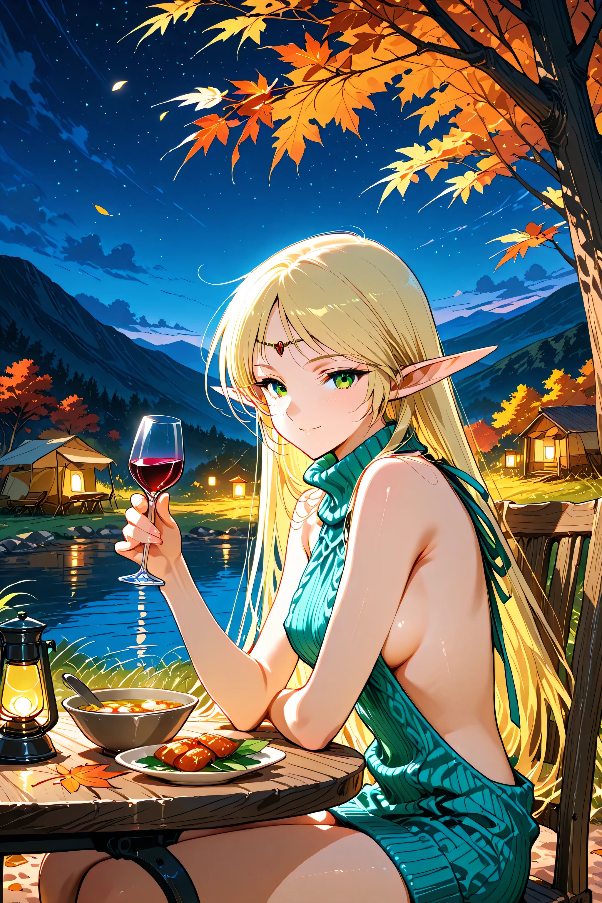 Deedlit, pointy ears, elf, blonde hair, green eyes, from side, 1girl, solo, camp, outdoors, autumn night, looking at viewer, red wine, wine glass, virgin killer sweater, ribbed sweater, sideboob, serene smile, holding wine glass, 
soft rim lighting, warm firelight, moonlight, small lantern light, metal pot with hot soup, spoon, outdoor table, wooden chair, fallen leaves, gentle breeze,  cozy and intimate scene, cinematic composition, soft shadows, detailed texture, calm expression, relaxed posture, warm color palette, peaceful atmosphere, quiet night under stars