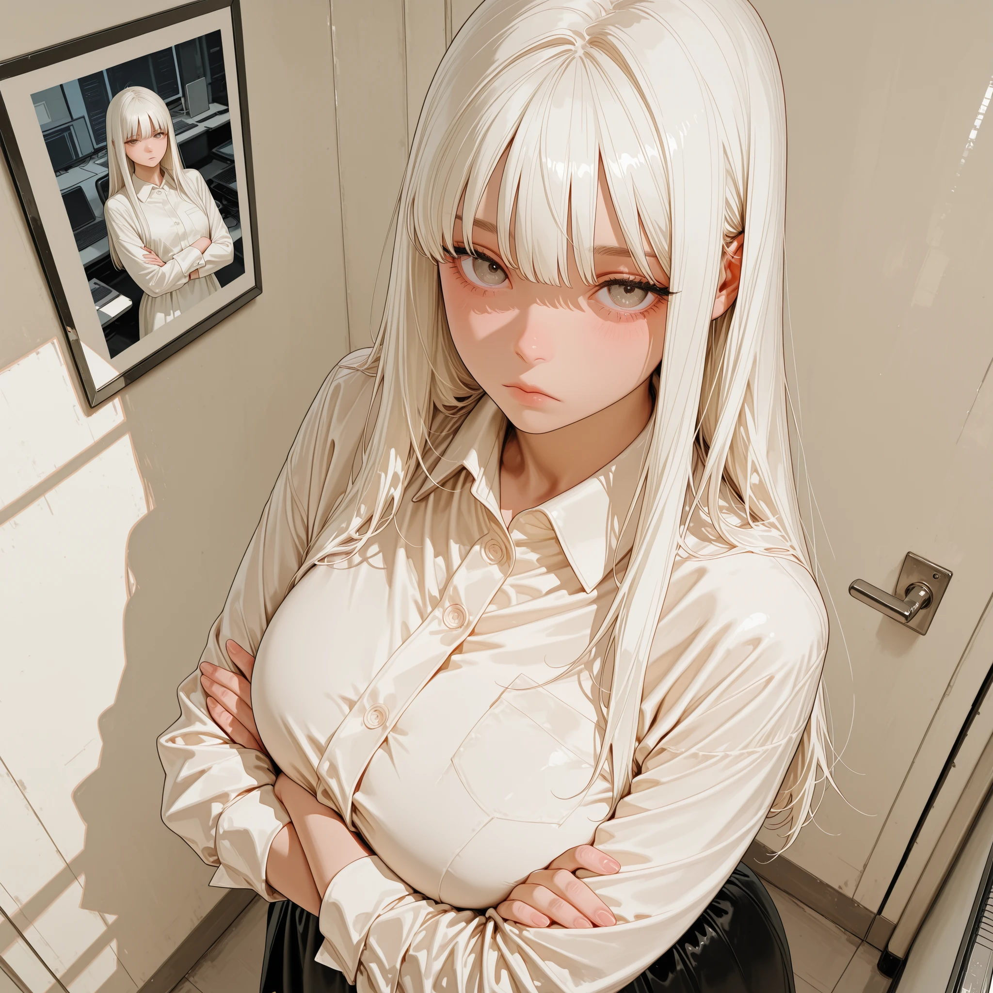 Huge picture quality, viewer-viewing, ultra HD, super cute, cute look, teenage girl look, white straight hair, expressionless, black H skirt, bright white dress shirt, expressionless, high angle, big chest, arms crossed, office background at work