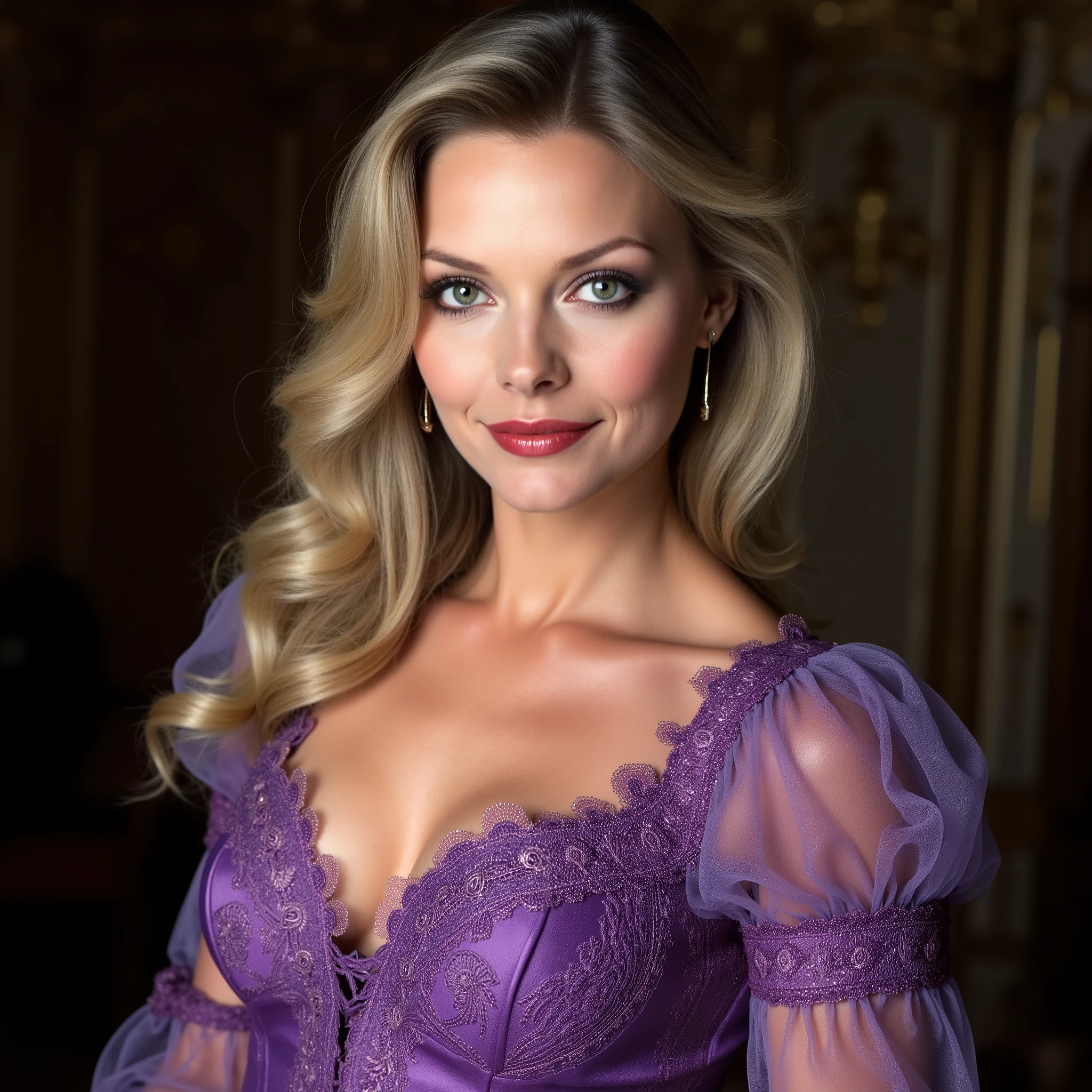 A professional close-up photo of Michelle Pfeiffer. She wears beautiful purple laced dress of 19th century with low neckline. Michelle Pfeiffer, silky blonde hair, tiny bosoms, small bosoms, red lips, smiling, professional photo, professional lighting, high quality