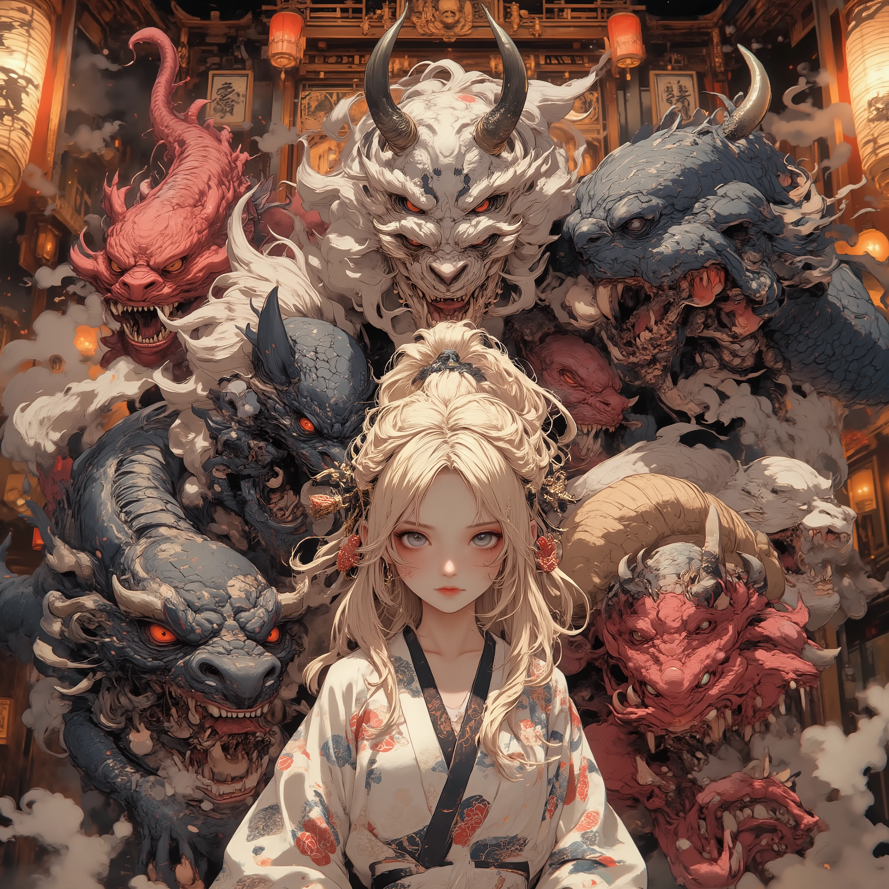  masterpiece, (Highest Quality,  High resolution creation,4K, 8k),  Centipede Tail  、, ((Land of heroes)) , push、long hair、  Blonde  、 braids 、  Japanese Kimono、yukata、 perfect face 、 masterpiece, anatomically accurate , Highest Quality, textured skin,  Film lighting effects, animated screenshot、full body、 Japanese monsters appear、dust particles floating in the air、devil's horn、 Japanese monster group、Hyakki Yagyayo、 Bon Odori venue、Monster Swarm（ painted wall with bright windows、 Nezumiman、Big centipede、 Shadow Clover、 Azuki Arai、 Makuragashi 、Cat Eared Girl）、、A line of lanterns、 Many monsters、Fair、Festival、stole、