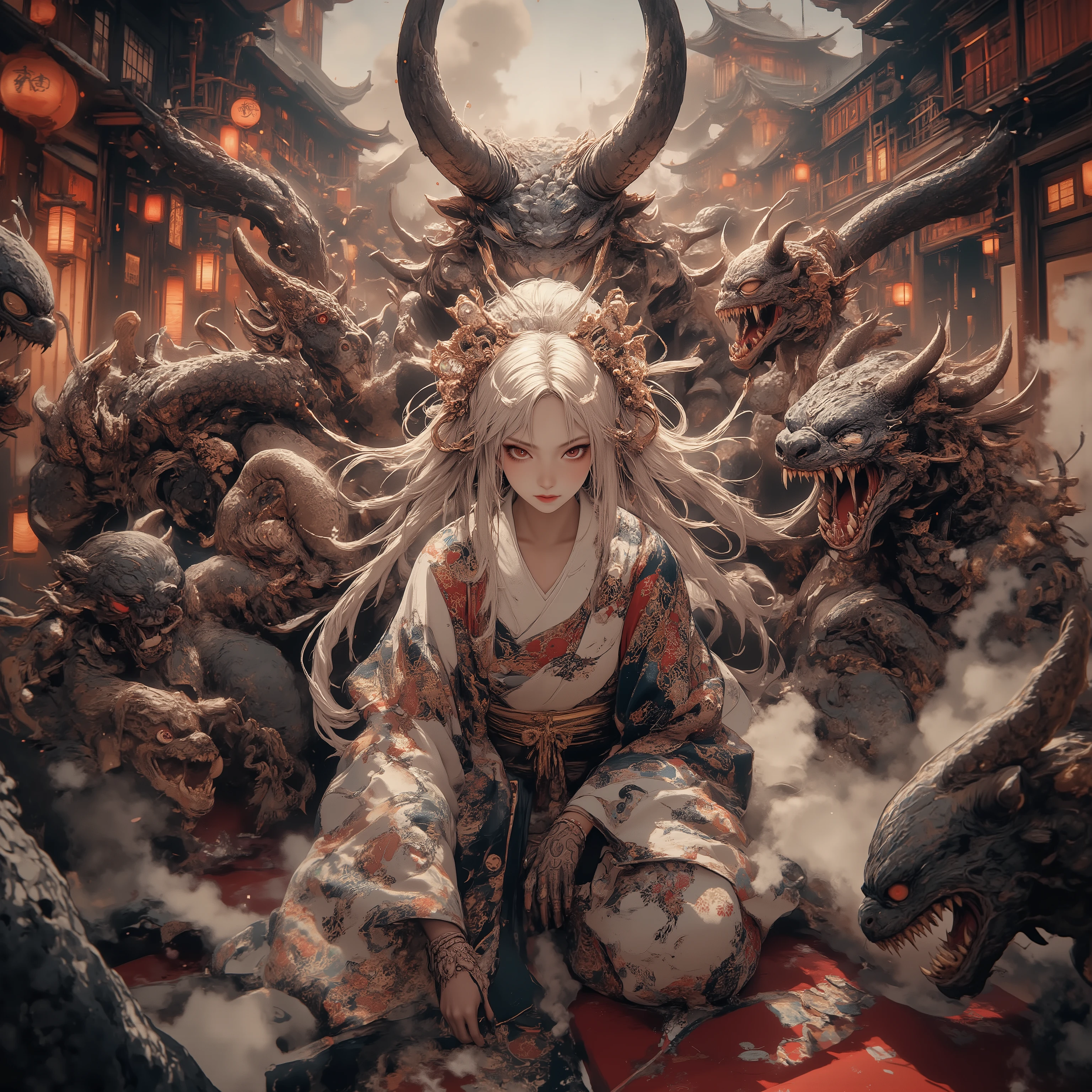  masterpiece, (Highest Quality,  High resolution creation,4K, 8k),  Centipede Tail  、, ((Land of heroes)) , push、long hair、  Blonde  、 braids 、  Japanese Kimono、yukata、 perfect face 、 masterpiece, anatomically accurate , Highest Quality, textured skin,  Film lighting effects, animated screenshot、full body、 Japanese monsters appear、dust particles floating in the air、devil's horn、 Japanese monster group、Hyakki Yagyayo、 Bon Odori venue、Monster Swarm（ painted wall with bright windows、 Nezumiman、Big centipede、 Shadow Clover、 Azuki Arai、 Makuragashi 、Cat Eared Girl）、、A line of lanterns、 Many monsters、Fair、Festival、stole、