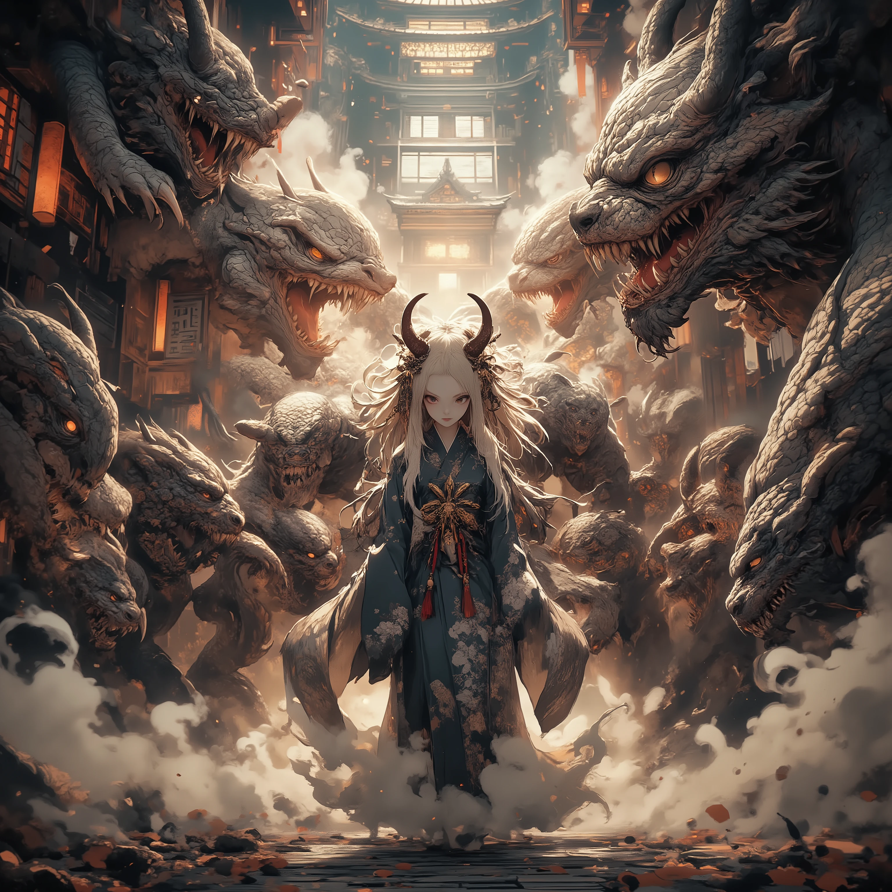 masterpiece, (Highest Quality, High resolution creation,4K, 8k), Centipede Tail 、, ((Land of heroes)) , push、long hair、 Blonde 、 braids 、 Japanese Kimono、yukata、 perfect face 、 masterpiece, anatomically accurate , Highest Quality, textured skin, Film lighting effects, animated screenshot、full body、 Japanese monsters appear、dust particles floating in the air、devil's horn、 Japanese monster group、Hyakki Yagyayo、 Bon Odori venue、Monster Swarm( painted wall with bright windows、 Nezumiman、Big centipede、 Shadow Clover、 Azuki Arai、 Makuragashi 、Cat Eared Girl)、、A line of lanterns、 Many monsters、Fair、Festival、stole、