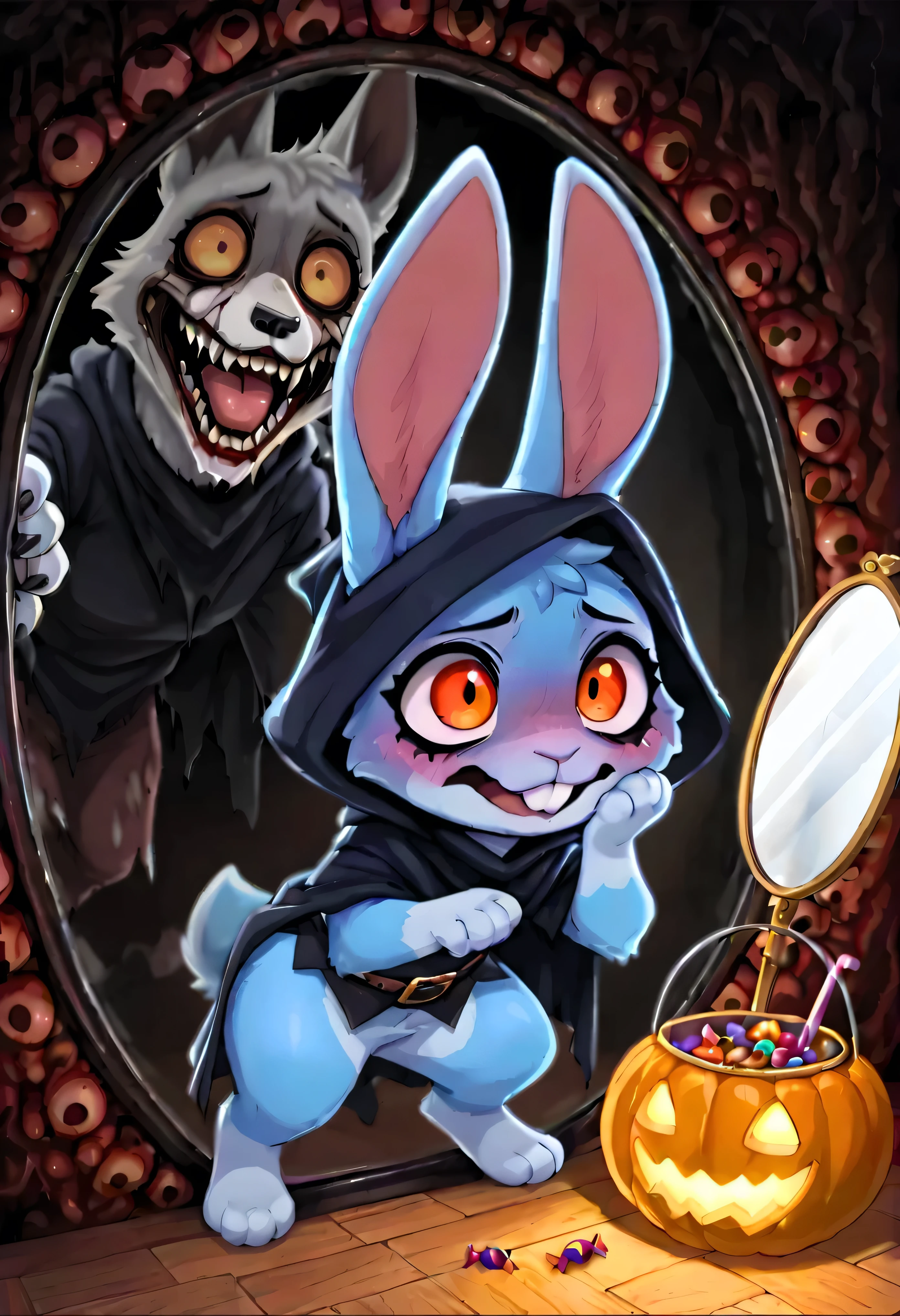 [Halloween-Theme] [🐰KuroRabbi] [Being Hunted] [Project #2], masterpiece, ultra-detailed, 4K render, Halloween night, warm cozy candlelight, glowing jack-o-lanterns, wooden floor, spooky but cute indoor setting, solo, KuroRabbi, character, chibi style, anime illustration, soft glowing shadows, magical pumpkins, ghost in the background, warm ambient lighting, (Horror settings:1.5), BREAK. [(character_1 rabbit, KuroRabbi, rabbit, chibi, DTkr, furs, buckteeth, slender, blue fur, paw, red eyes, black-makeup under_eyes, Halloween, clothed, black hood, wizard outfit, blushing, flustered, sneaky posture, wide glowing orange eyes, cute and nervous)], ((stuck in a glass-mirror, paw Pressed_glass)), candy in bucket, punch ground, (coming out of a mirror),
