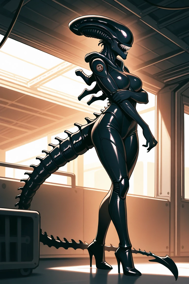 Female muscular xenomorph mother with white underpants and , white , white ,   straps, white  straps, crawl , shoot , solo focus