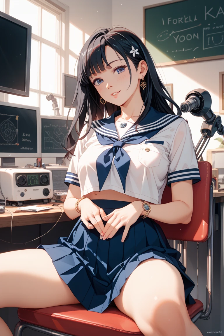 1 woman, 16 years old, ((long haircut)), black eyes, Indonesian high-school uniform, white shirt, osis logo on shirt pocket, flat breasts, red pleated skirt, half-shot, innocent look, white , 