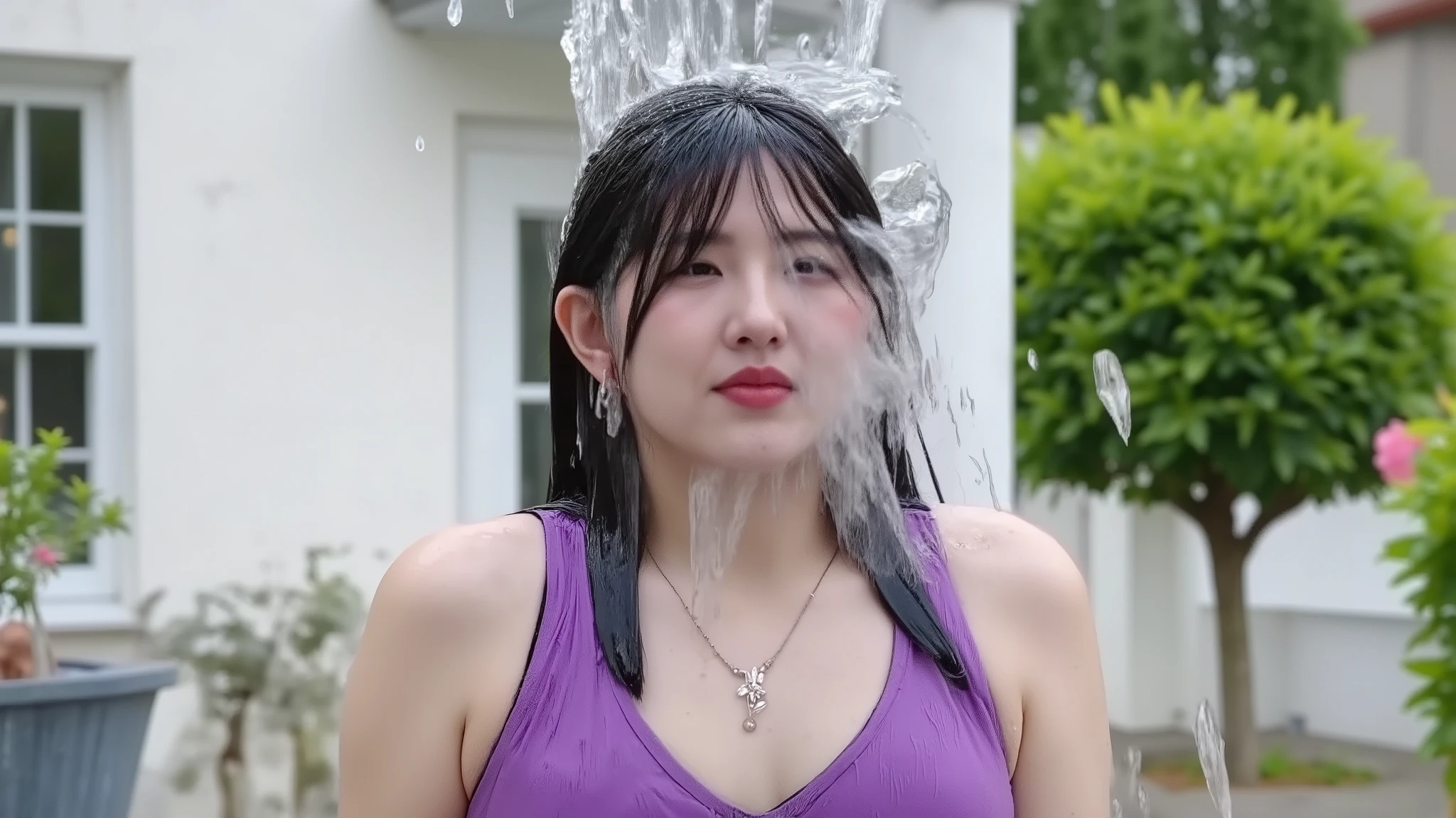 In the back garden of a house, Ikumi, wearing a purple satin dress, a delicate necklace, earrings and makeup including lipstick and sparkly eye shadow is absolutely soaked by a colossal cascade of water falling onto her head from off screen. The water lands on her forehead and runs down her face. Her face is completely soaked. Her face is completely covered with water. Water cascading down face. Drenched. Soaked. Photorealistic. 1girl. Solo. Medium close-up. Angled view.