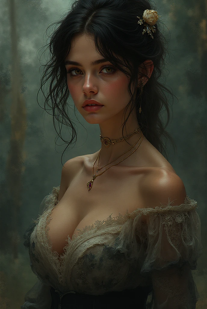 Emily Carey,prisioner collar,white distressed prisioner outfit,fantasy style,potrait