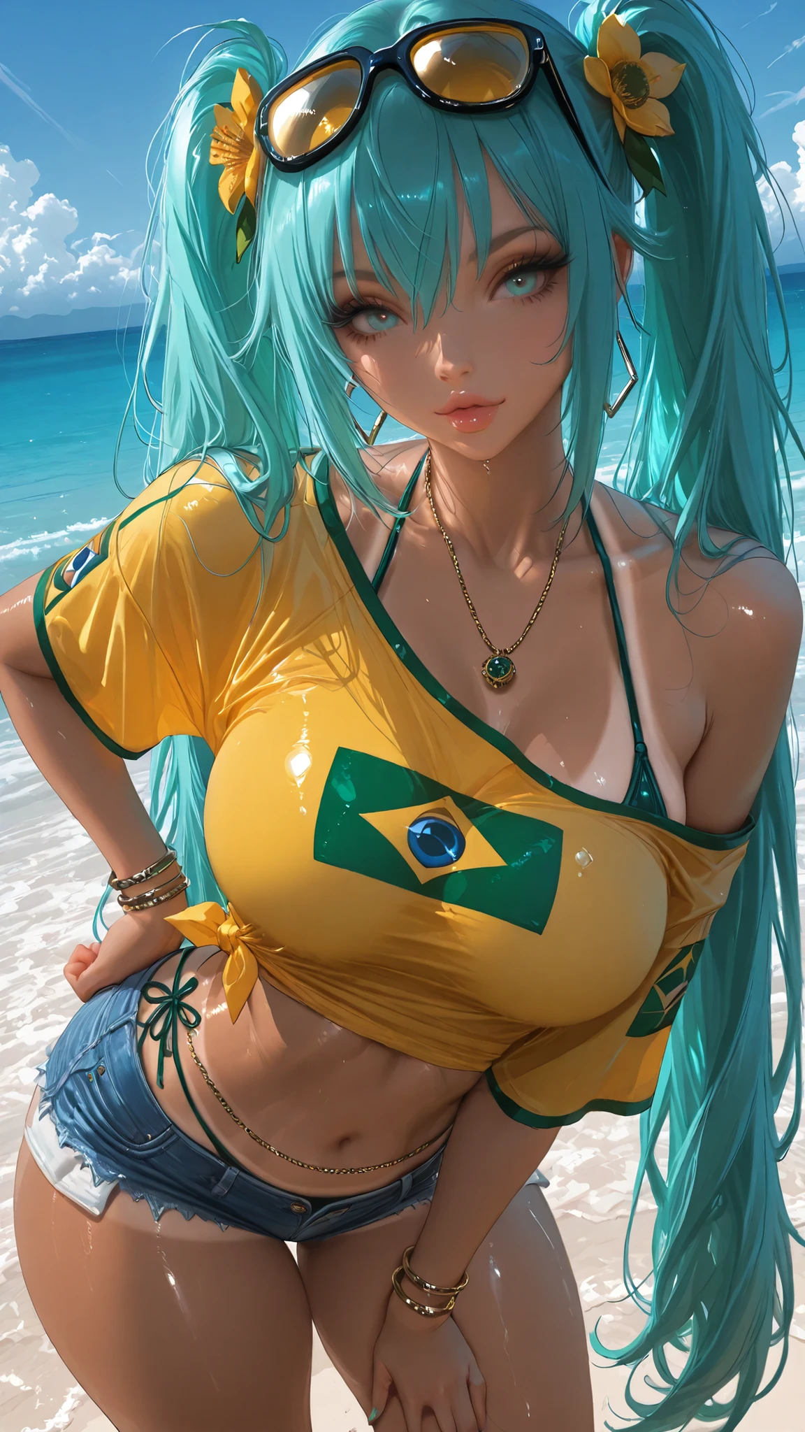 SakimiStyle,lms,Suchwet,style-paintmagic,masterpiece, Highest quality、Extremely Detailed CG Uniform 8K Wallpaper, masterpiece, semi realistic, 1girl,((dynamic angle)), ultra detailed,face focus, best quality, newest, ultra glossy, hetero, smooth, seamless, (large ), , thick thighs, uncensored, volumetric lights, glossy, shiny, glowing, luminous, laminating, reflective lights, hyper reflective, artist:moriimee, ExpresHGothicNeonIncase, beach background , simple background , beach environment , day light ,solo, sakimichan style, beautiful face, adult, woman, 1girl,brmeek, twintails,aqua hair , aqua eyes , very long hair, dark-skinned female, tanlines,,hair flower, hoop earrings, eyewear on head, necklace, yellow shirt, midriff, jewelry, belly chain, bracelet, under clothes, side-tie bottom, short shorts, denim,,brazilian flag print,,single shoulder, side tie, tied shirt, , posing, in and pose , standing ,arched back , hand on own hip and thigh , leaning forward , figure ,perfect body , front view,side angle, sakimichan style, eyes , metal poster