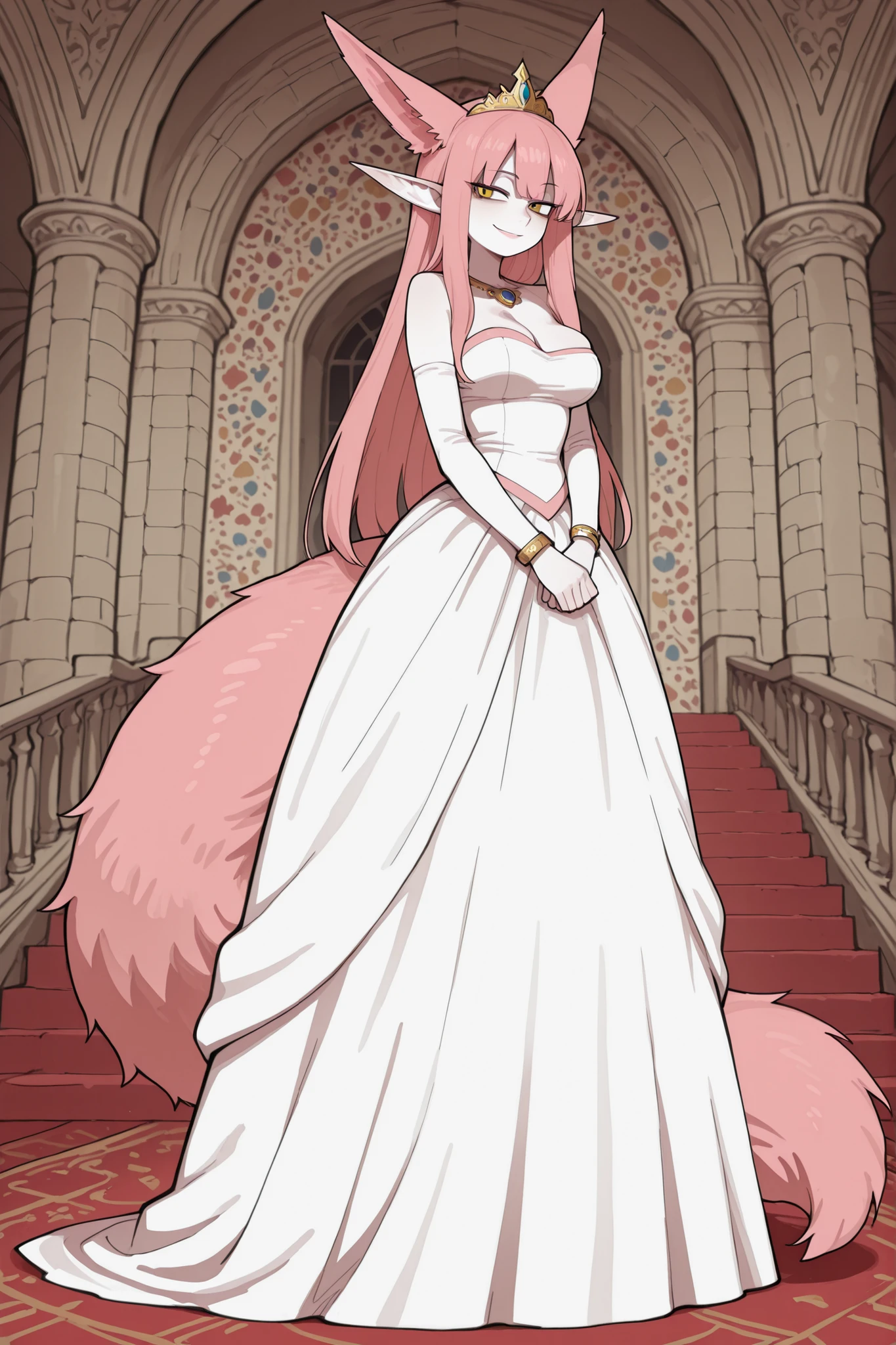 hentamonn,masterpiece , best quality , amazing quality , very aesthetic, white skin, tall girl, adult, rounded elf ear, yellow eye, cold look, pink hair, straight hair, bangs, sharp canines, big fluffy fox tail, fox ears, smug smile, princess, jewelry, dress, ball gown, white stockings, full body shot, colorful background, castle, indoors