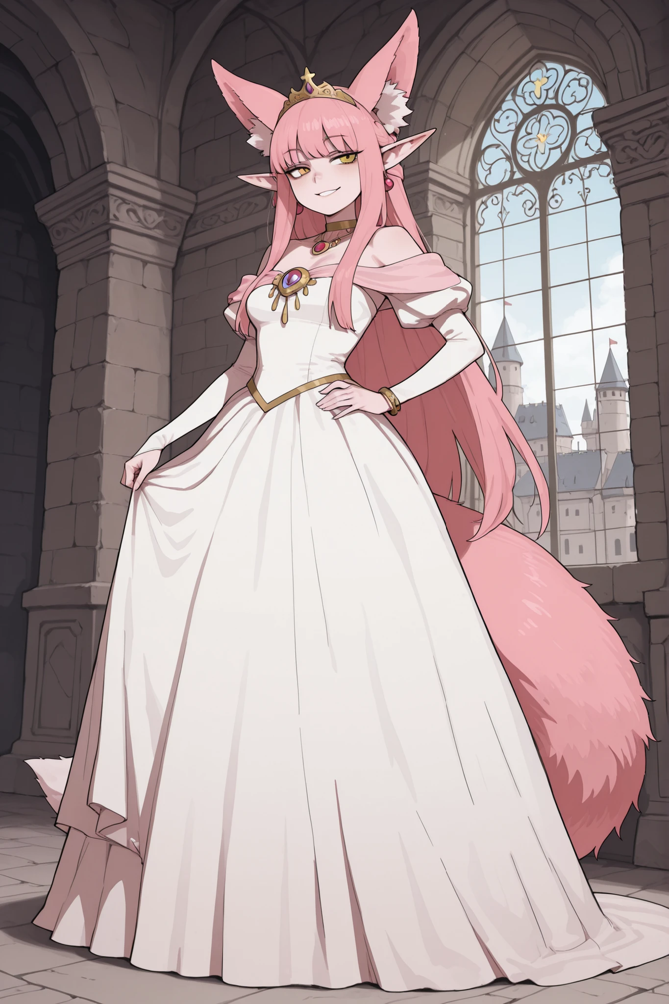 hentamonn,masterpiece , best quality , amazing quality , very aesthetic, white skin, tall girl, adult, rounded elf ear, yellow eye, cold look, pink hair, straight hair, bangs, sharp canines, big fluffy fox tail, fox ears, smug smile, princess, jewelry, dress, ball gown, white stockings, full body shot, colorful background, castle, indoors