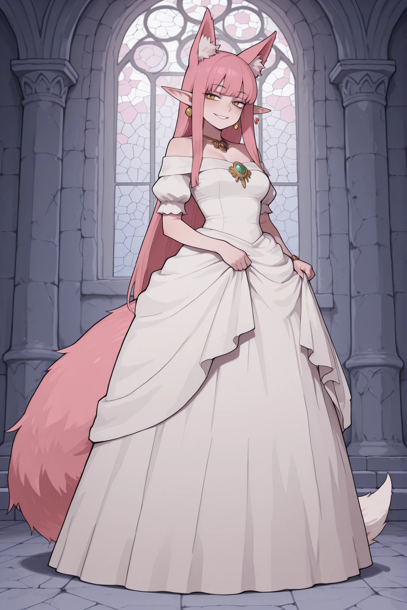 hentamonn,masterpiece , best quality , amazing quality , very aesthetic, white skin, tall girl, adult, rounded elf ear, yellow eye, cold look, pink hair, straight hair, bangs, sharp canines, big fluffy fox tail, fox ears, smug smile, princess, jewelry, dress, ball gown, white stockings, full body shot, colorful background, castle, indoors