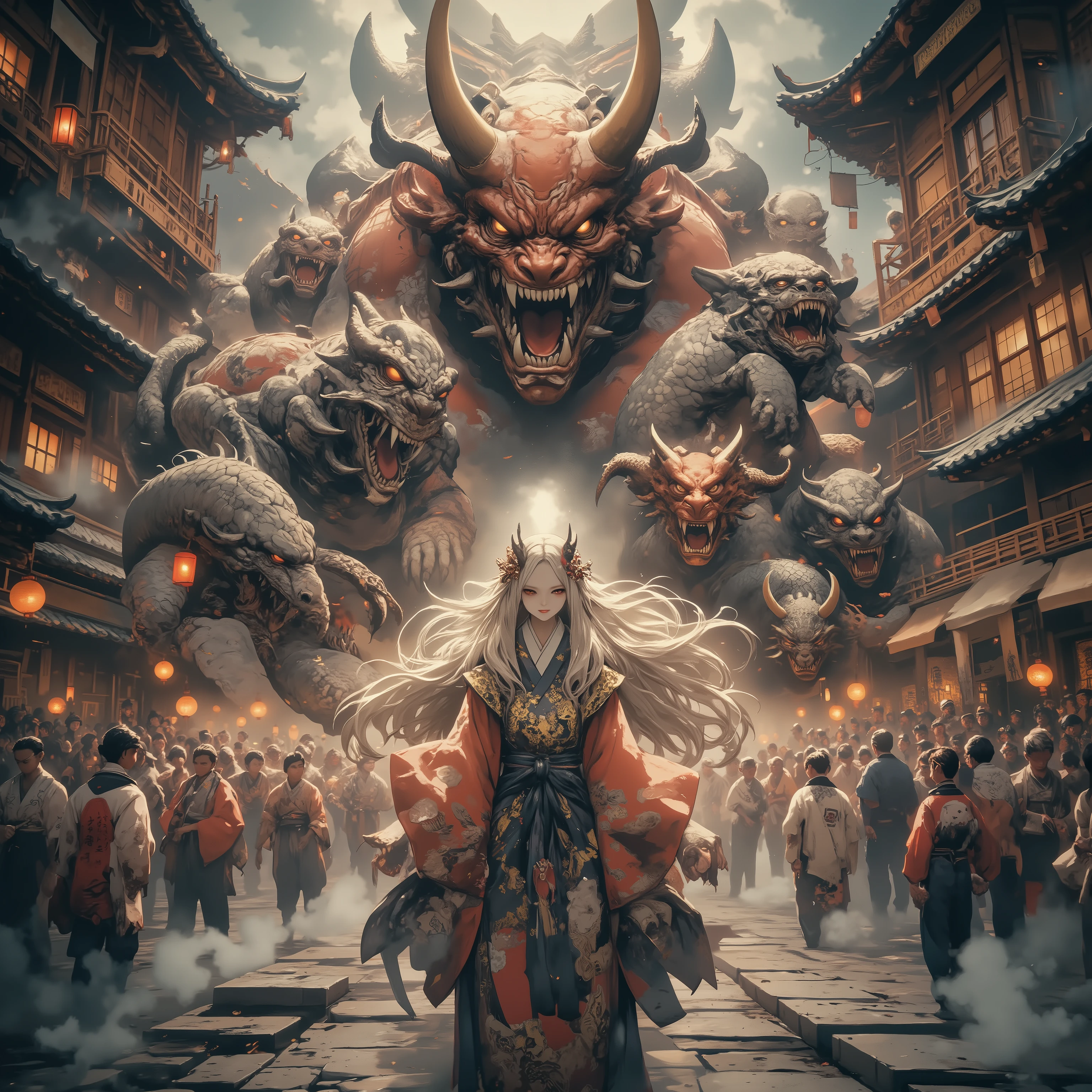 masterpiece, (Highest Quality, High resolution creation,4K, 8k), Centipede Tail 、, ((Land of heroes)) , push、long hair、 Blonde 、 braids 、 Japanese Kimono、yukata、 perfect face 、 masterpiece, anatomically accurate , Highest Quality, textured skin, Film lighting effects, animation screenshot、full body、 Japanese monsters appear、dust particles floating in the air、devil's horn、 Japanese monster group、Hyakki Yagyayo、 Bon Odori venue、 A horde of monsters( painted wall with bright windows、 Nezumiman、Big centipede、 Shadow Clover、 Azuki Arai、 Makuragashi 、Cat Eared Girl)、、A line of lanterns、 Many monsters、Fair、Festival、stole、