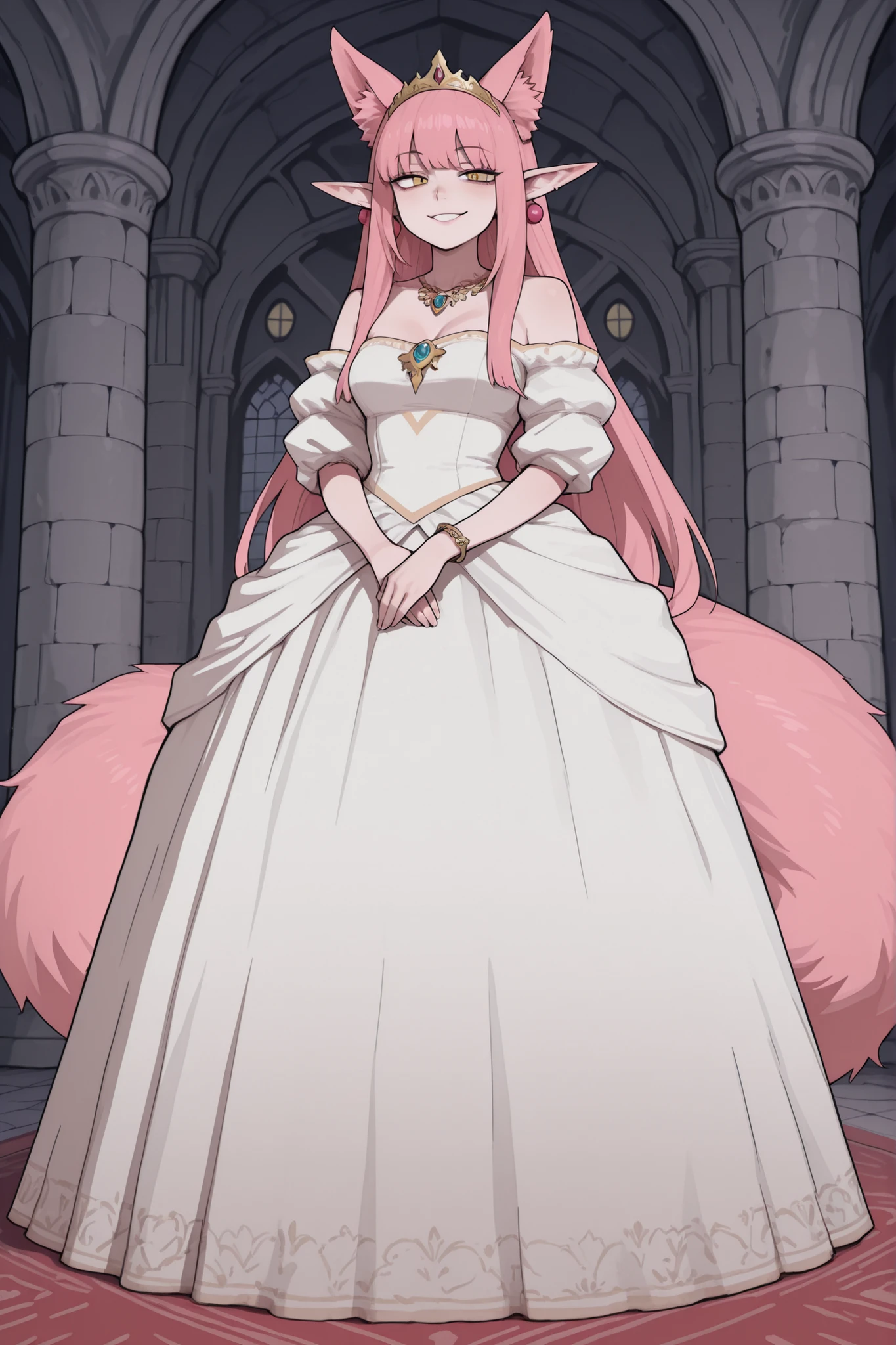 hentamonn,masterpiece , best quality , amazing quality , very aesthetic, white skin, tall girl, adult, rounded elf ear, yellow eye, cold look, pink hair, straight hair, bangs, sharp canines, big fluffy fox tail, fox ears, smug smile, princess, jewelry, dress, ball gown, white stockings, full body shot, colorful background, castle, indoors
