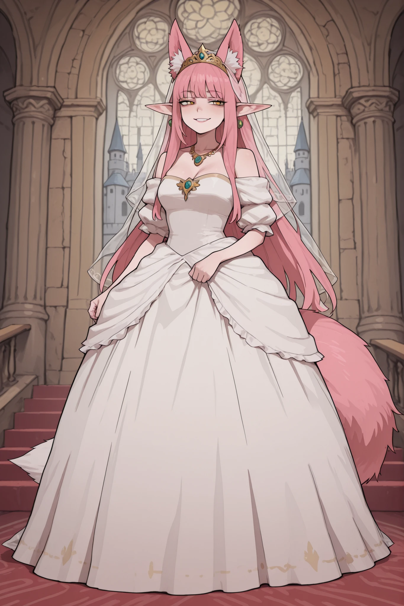 hentamonn,masterpiece , best quality , amazing quality , very aesthetic, white skin, tall girl, adult, rounded elf ear, yellow eye, cold look, pink hair, straight hair, bangs, sharp canines, big fluffy fox tail, fox ears, smug smile, princess, jewelry, dress, ball gown, white stockings, full body shot, colorful background, castle, indoors