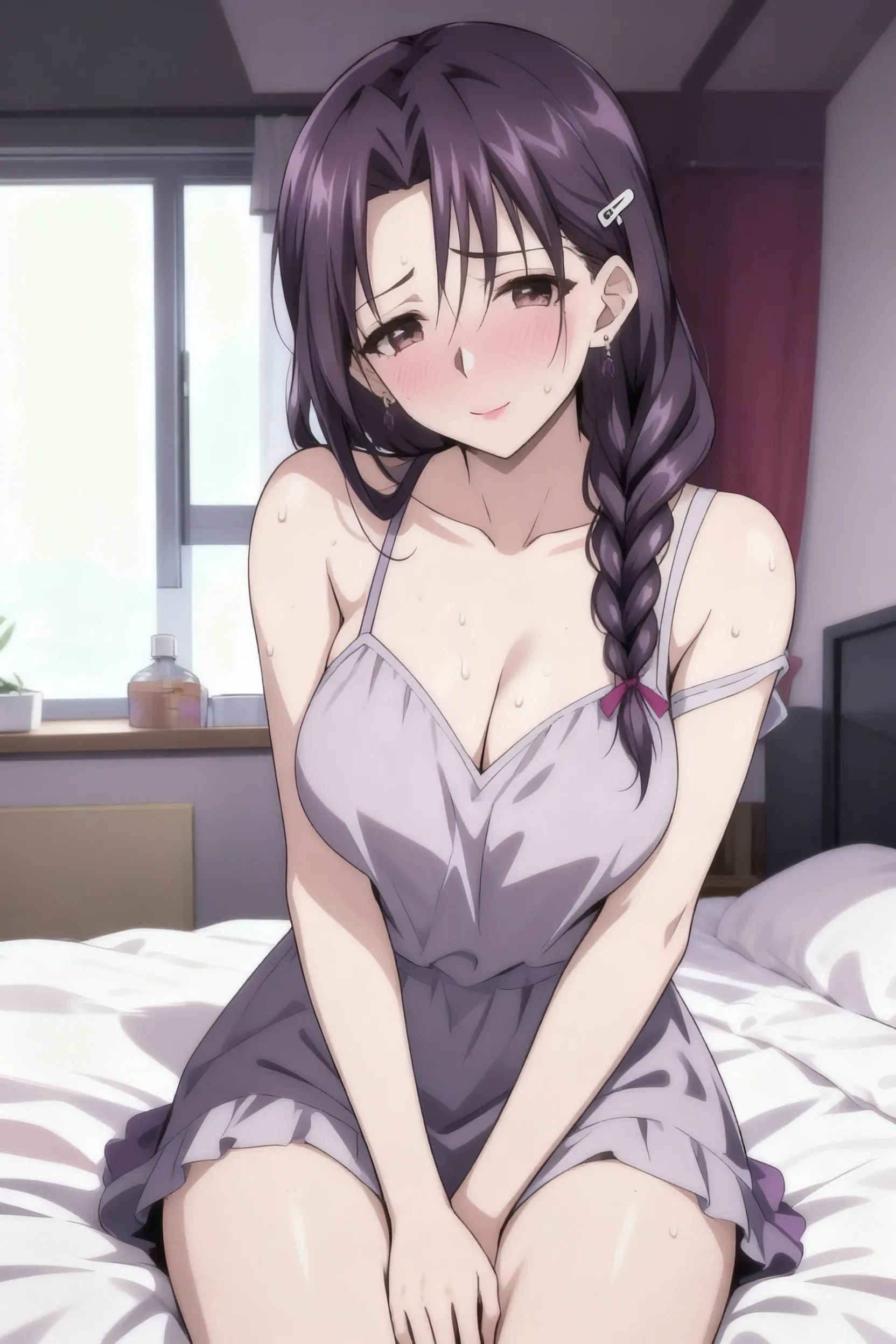 closed eyes、(on stomach:1.5),lying down , 
, Realistic, real person, (pale skin: 1.2), RAW photo, photorealistic, shiny skin, shiny hair、 (A 25-year-old woman with straight hair and bangs) and (medium hair) and (black hair) and (purple eyes) , (purple) and (yukata)、Cleavage、
(embarrassed,blush:1.3),The background is a futon at night、（alone:1.5）