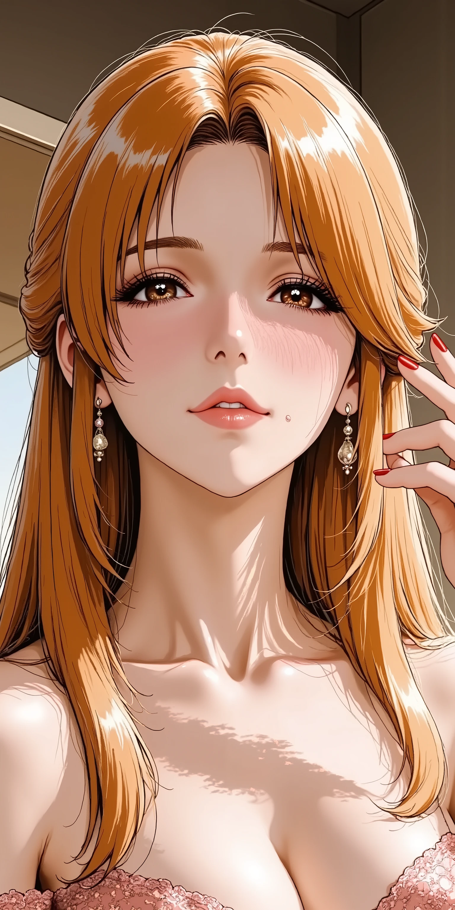 An enchanting solo woman in her 30s, depicted in a sophisticated realistic style. side angle, She has lustrous, long golden-blonde hair flowing elegantly with bangs. She wears alluring, refined makeup with defined eyes and glossy nude-pink lips. She has natural and correct anatomy, ensuring exactly five fingers on each perfectly rendered hand, all beautifully manicured. She is dressed in a luxurious, off-shoulder silk dress that subtly reveals her collarbones. She makes an alluring hand gesture, her manicured fingers delicately tracing or running through a strand of her long blonde hair near her face. She looks directly at the viewer with a confident, mesmerizing gaze and profound mature charm. Shot at eye-level, Waist-up shot.