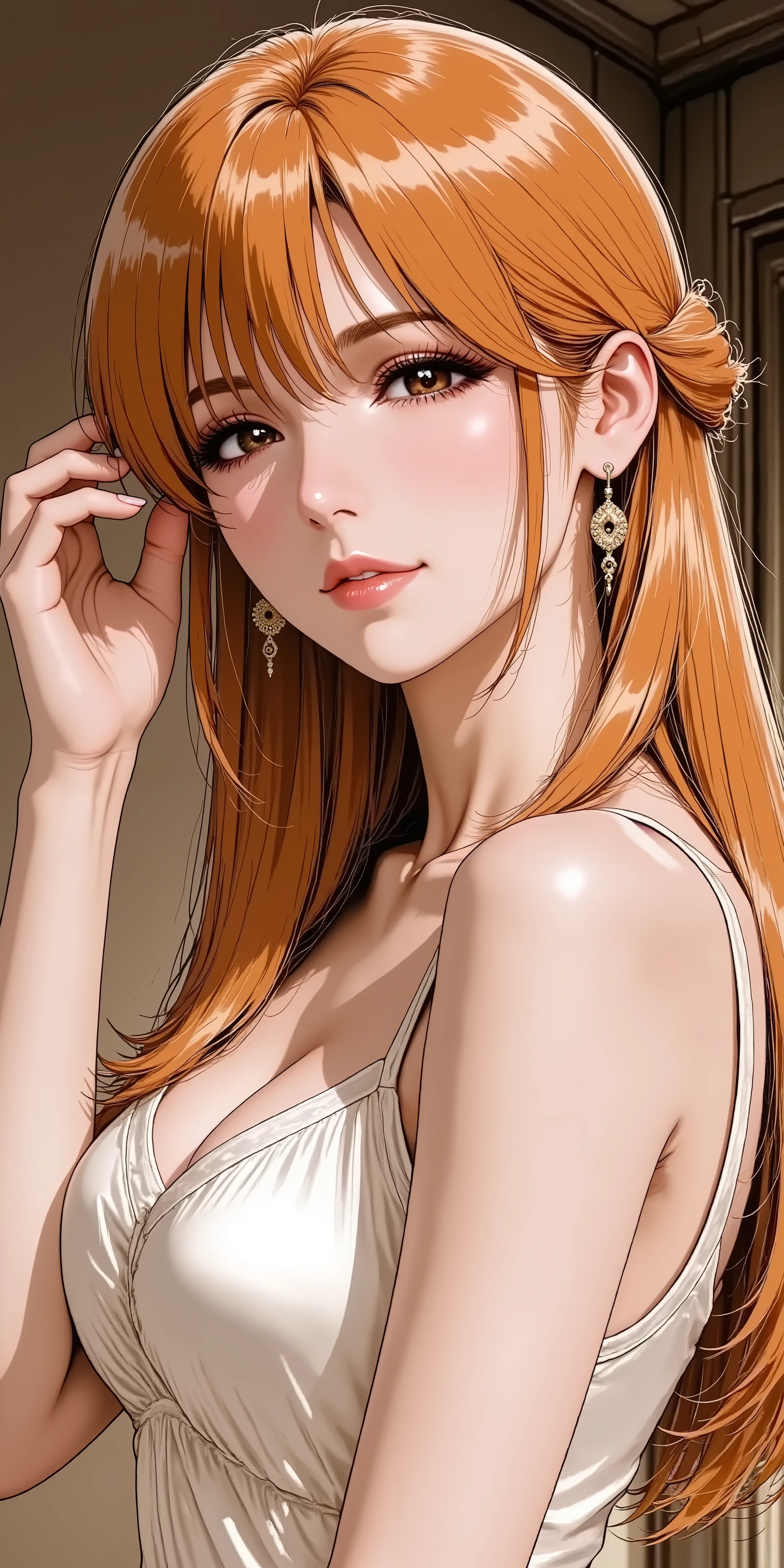 An enchanting solo woman in her 30s, depicted in a sophisticated realistic style. side angle, She has lustrous, long golden-blonde hair flowing elegantly with bangs, and long slender legs. She wears alluring, refined makeup with defined eyes and glossy nude-pink lips. She has natural and correct anatomy, ensuring exactly five fingers on each perfectly rendered hand, all beautifully manicured. She is dressed in a luxurious, off-shoulder silk slit dress that subtly reveals her collarbones. She makes an alluring hand gesture, her manicured fingers delicately tracing or running through a strand of her long blonde hair near her face. She looks directly at the viewer with a confident, mesmerizing gaze and profound mature charm. Shot at eye-level, thigh-up portrait.