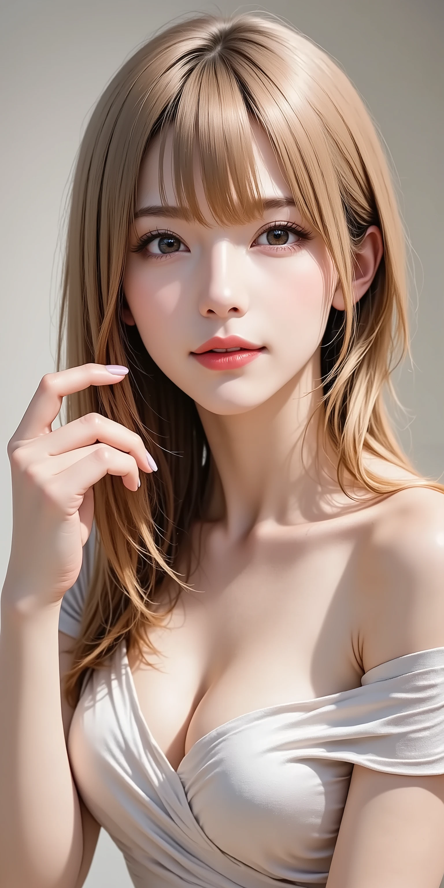 An enchanting solo woman in her 30s, depicted in a sophisticated realistic style. side angle, She has lustrous, long golden-blonde hair flowing elegantly with bangs, and long slender legs. She wears alluring, refined makeup with defined eyes and glossy nude-pink lips. She has natural and correct anatomy, ensuring exactly five fingers on each perfectly rendered hand, all beautifully manicured. She is dressed in a luxurious, off-shoulder silk slit dress that subtly reveals her collarbones. She makes an alluring hand gesture, her manicured fingers delicately tracing or running through a strand of her long blonde hair near her face. She looks directly at the viewer with a confident, mesmerizing gaze and profound mature charm. Shot at eye-level, thigh-up portrait.