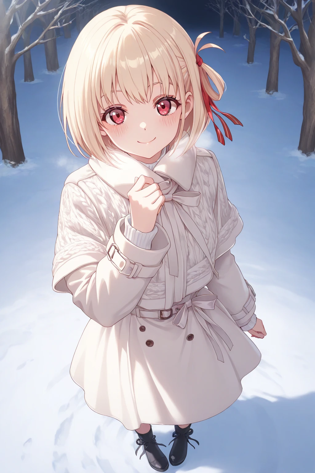 rubyhoshino, Hoshino Ruby, Long Hair, bangs, Blonde, (Pink Eyes:1.3), Side Lock, (Symbol-shaped pupil:1.5), Multicolored Hair, Two-tone hair, smile,,smile,blush,White Breath,
Open your mouth,snow,Ground bonfire, Outdoor, boots, snowing, From the side, wood, suitcase, Cape, Blurred, , forest, White handbag, nature, Squat, Mouth closed, Cape, winter, Written boundary depth, Black shoes, red Cape break looking at viewer, Upper Body, whole body, break Outdoor, forest, nature, break (masterpiece:1.2), Highest quality, High resolution, unity 8k wallpaper, (shape:0.8), (Beautiful and beautiful eyes:1.6), Highly detailed face, Perfect lighting, Highly detailed CG, (Perfect hands, Perfect ),