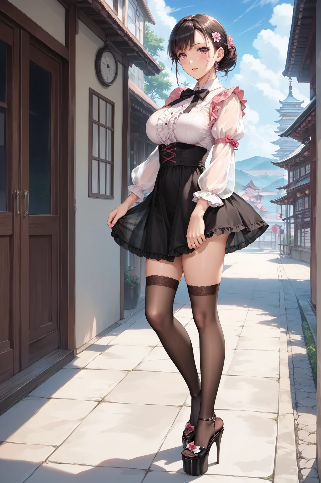 ((inspired by japanese woman)),,(masterpiece, best quality),beautiful, beautiful-woman, ((detailed face)).(full body:1.3)., 
, 
,

((The woman is wearing  jirai-kei fashion)),pink frilled shirt with short puff sleeves, black neck ribbon,and high waist skirt with black see-through lace-knee-highs-socks ,(platform footwear). ,jirai kei,((see-through lace-socks:1.2)),。

background is hotel.
