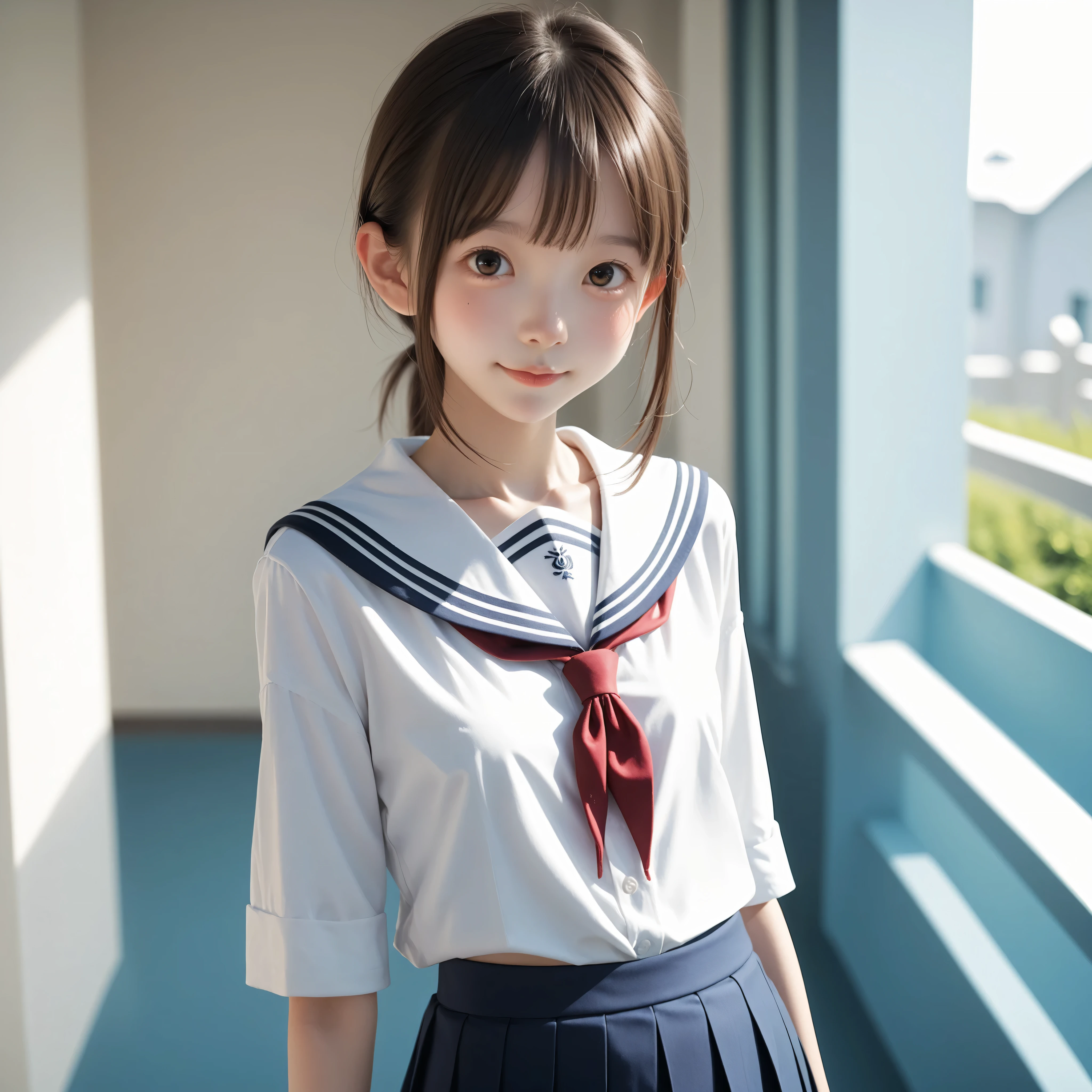 ( white skin:1.3),cute girl,かわいいyounger女の子,slender,short,slender,thin body,(younger:1.2),かわいいyounger女の子 opening without permission,cute face,(skinny:1.5),score_7_up,score_8_up,score_9,realistic,is a girl who goes to school,school uniform with crepes in hand, small buttocks when viewed from below,( body:1.2),sunlight,japanese,short髪, thin shoulders,thin arm,Narrow Shoulder