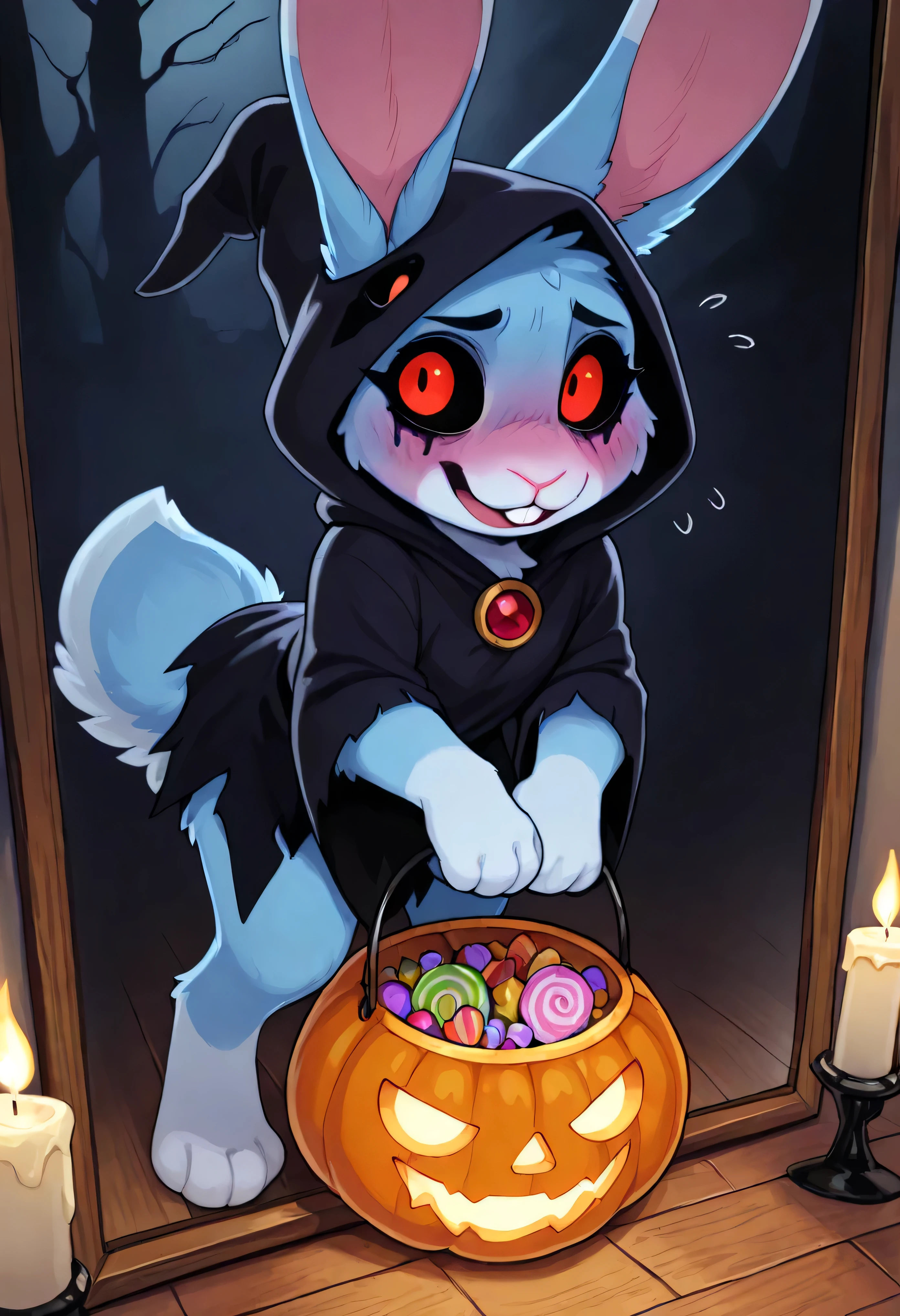[Celebrate Halloween], masterpiece, ultra-detailed, 4K render, Halloween night, warm cozy candlelight, glowing jack-o-lanterns, wooden floor, spooky but cute indoor setting, solo, KuroRabbi and ghost_girl together, two characters, chibi style, anime illustration, soft glowing shadows, magical pumpkins, ghost in the background, warm ambient lighting, (Horror settings:1.5), BREAK. [(character_1 rabbit, KuroRabbi, rabbit, anthro, DTkr, furs, buckteeth, slender, blue fur, paw, red eyes, black-makeup under_eyes, Halloween, black hood, wizard outfit, blushing, flustered, sneaky posture, wide glowing orange eyes, cute and nervous)], ((stuck in a glass-mirror, paw Pressed_glass)), candy in bucket, punch ground, shockwave, (coming out of a mirror), 