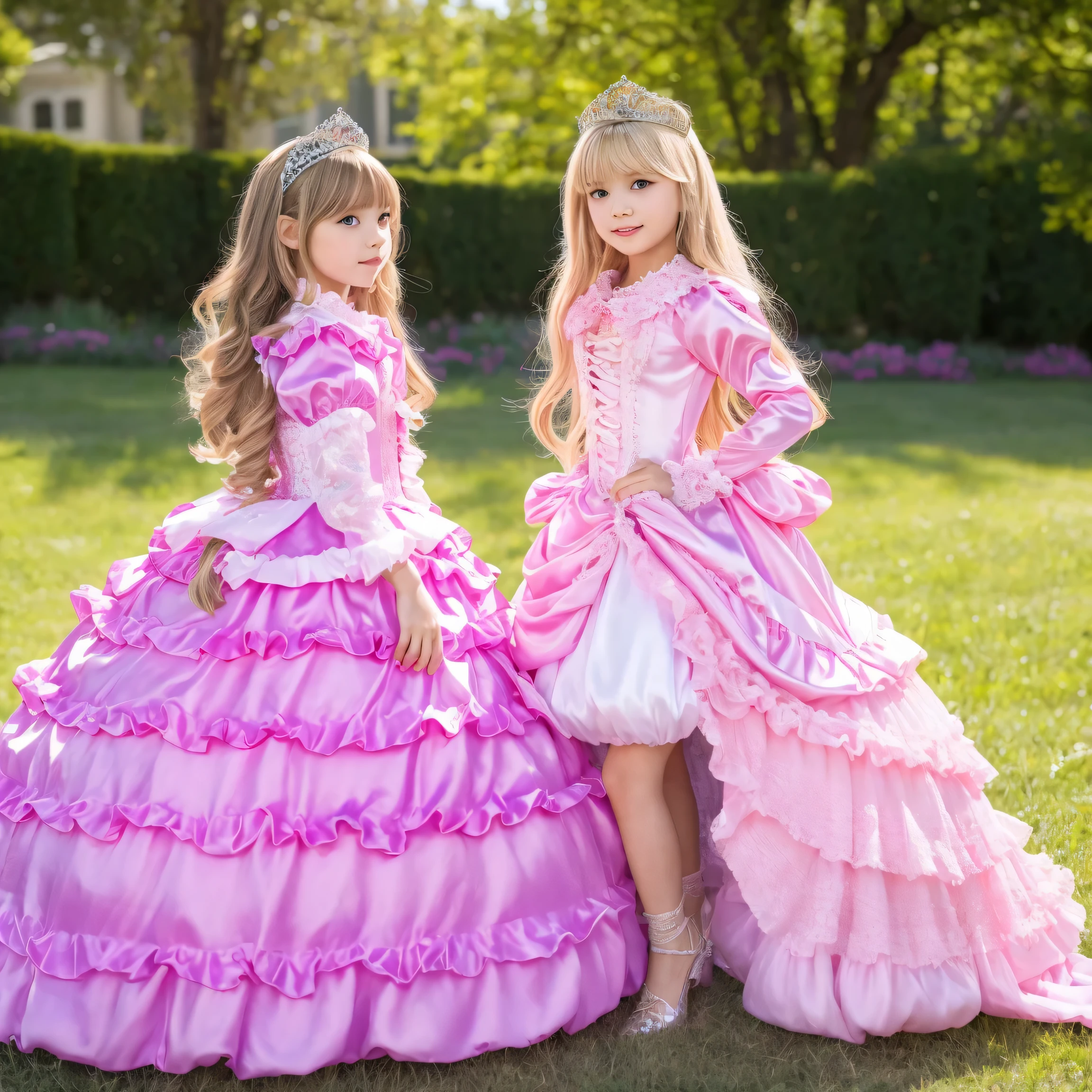 European Girls,10 years old, full body,3 princess girls,Blonde long hair,,10 years old,((purple silk satin princess dress,pink silk satin princess dress,pink silk satin princess dress with large ruffle yoke collar,puff sleeve to put on your stomach,Long Sleeves,ruffle sleeve,lace-up corset,full length ball gown dress, hoop skirt :1.0)),